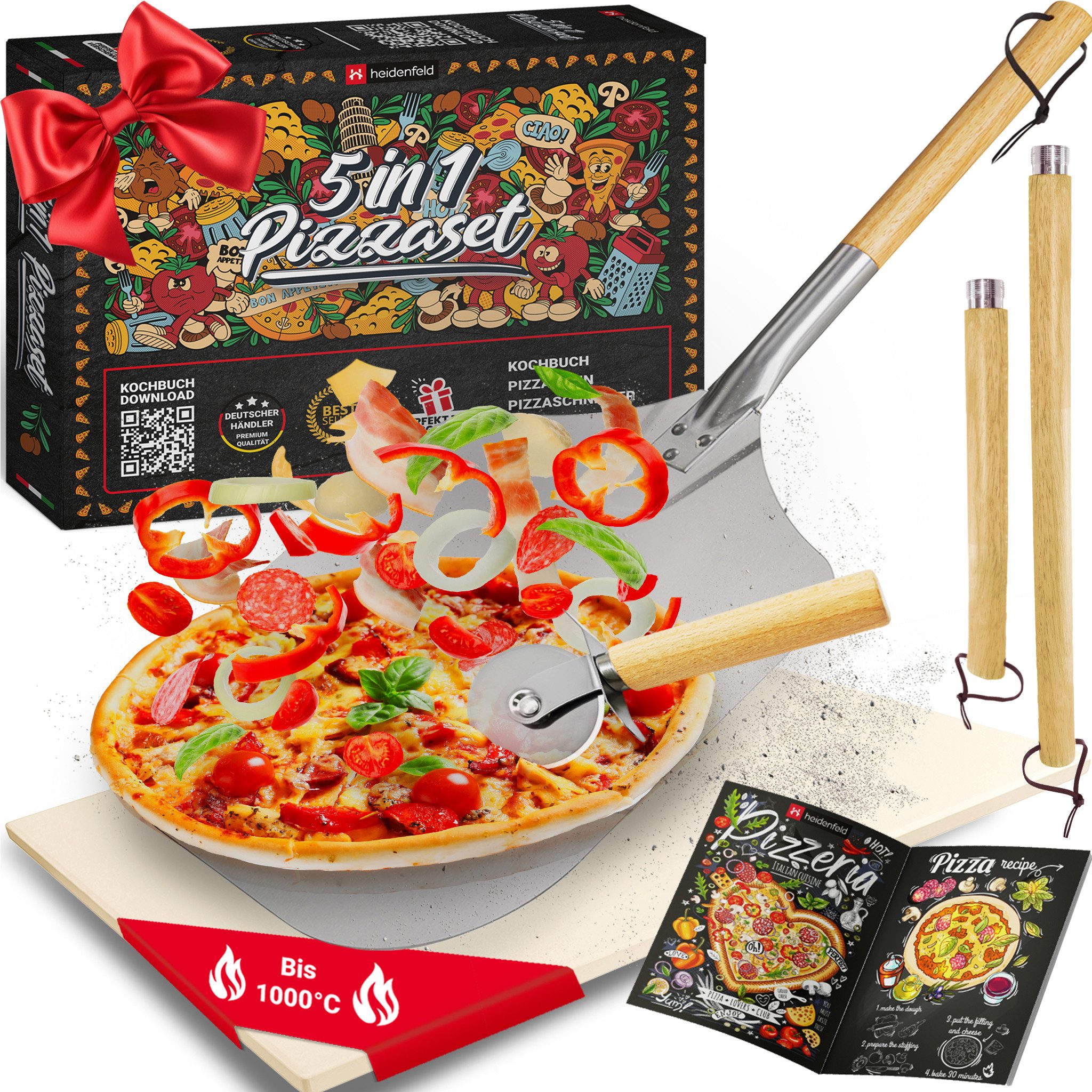Pizzastein 5in1 Pizza Set inkl. Pizzaschieber, Pizzaschneider & Rezeptbuch