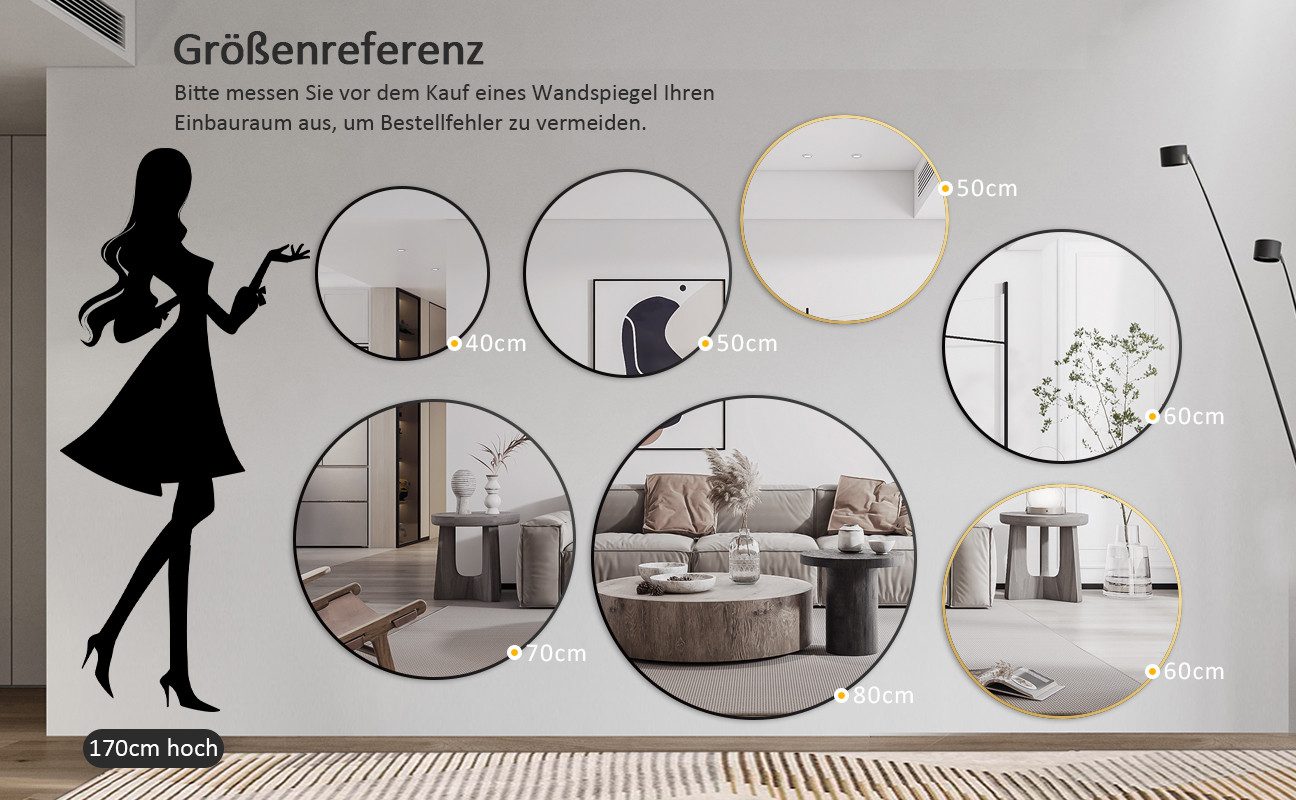 Boromal Wandspiegel Rund 60cm 80cm 100cm 40cm Schwarz Spiegel Gold Badezimmer Groß (Runder Badezimmer Spiegel), Badezimmerspiegel Metallrahmen Badspiegel 5mm Gl – Bild 4 von 5