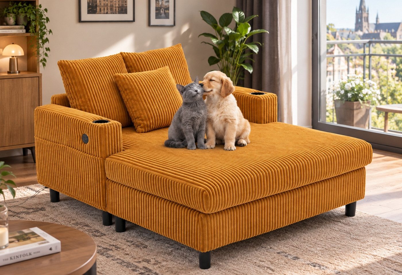 LVHOM Polsterliege XXL Relaxsessel mit LED-Licht & Ladestation - Haustierfreundlich (3 abnehmbare Kissen, große Seitentaschen, USB/Typ-C-Ladeanschlüssen, Getränkehalter, Großer Chaiselongue-Sessel, Ottomane in kratzfestem Cordstoff), Ergonomische Polsterung für Wohnzimmer, Büro oder Wintergarten