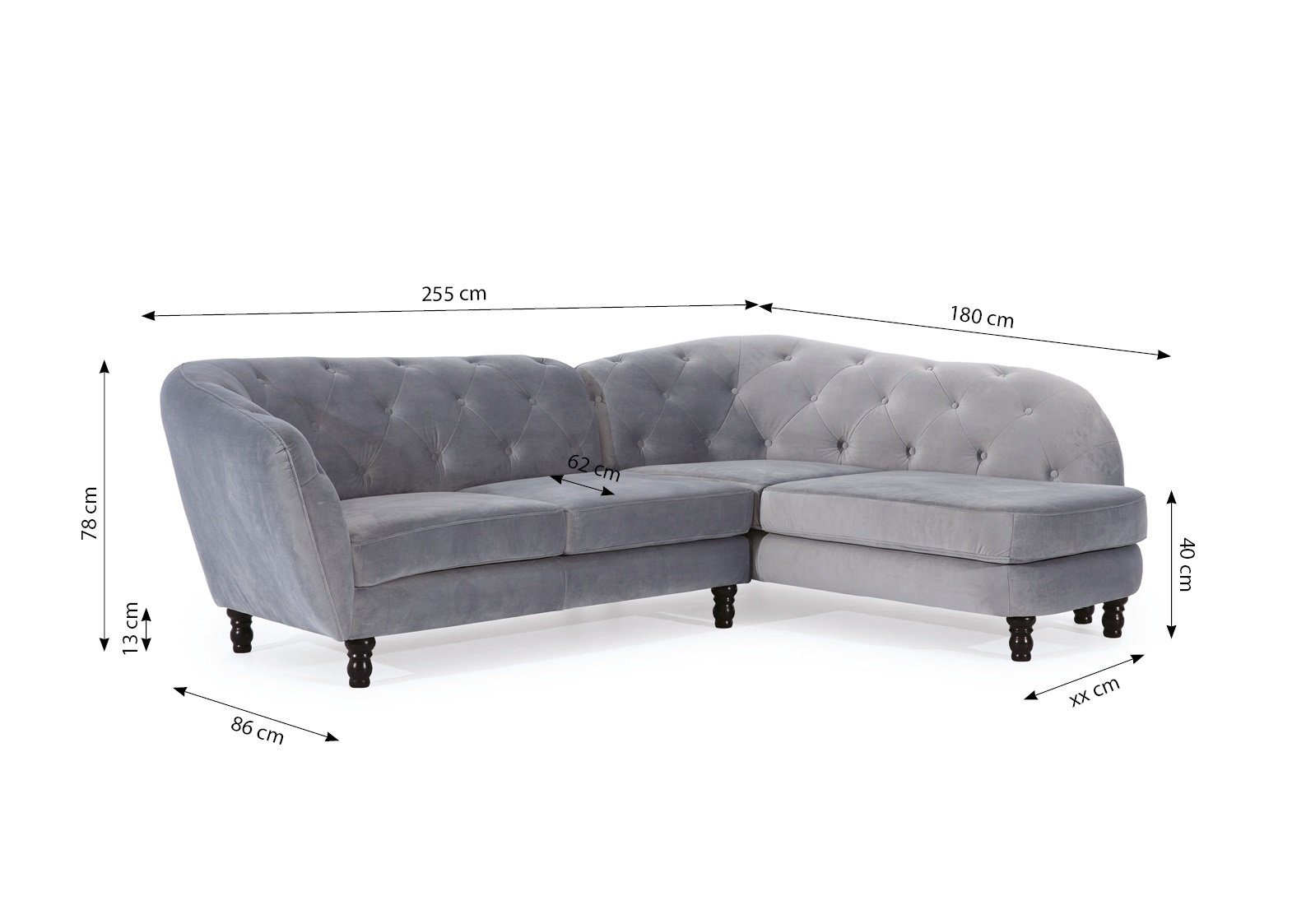 Ecksofa Velvet, Matt in Stoff Ecksofa Teile CHARLOTTE Fun Möbel 1 Designersofa Hellgrau