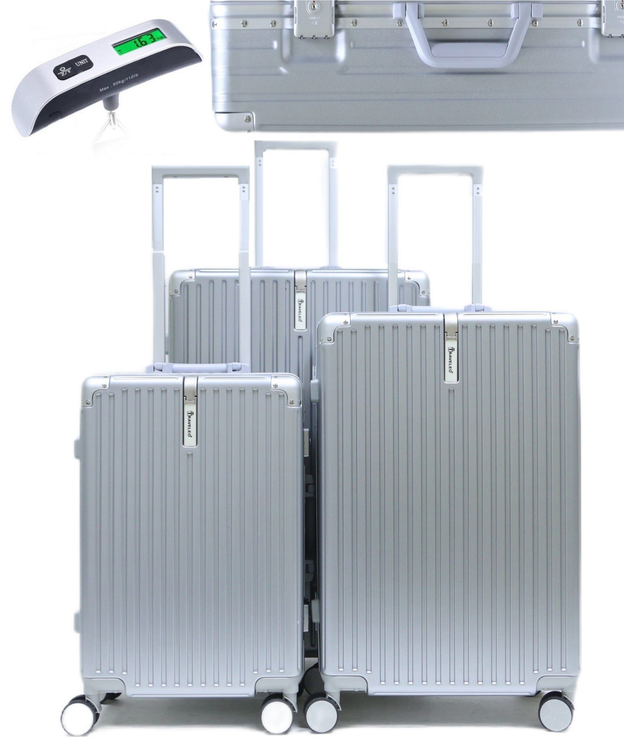 KESSMANN Kofferset Aluminium Kofferset klein M mittel L groß XL + Digitale Kofferwaage, 4 Rollen, (Koffer-Set, 4 tlg., 360° Rollen Leichtgewicht Rollkoffer Reisen Urlaub Reisekoffer Set), Trolley Gepäckset Hartschalenkoffer Urlaubskoffer Handgepäck Organizer