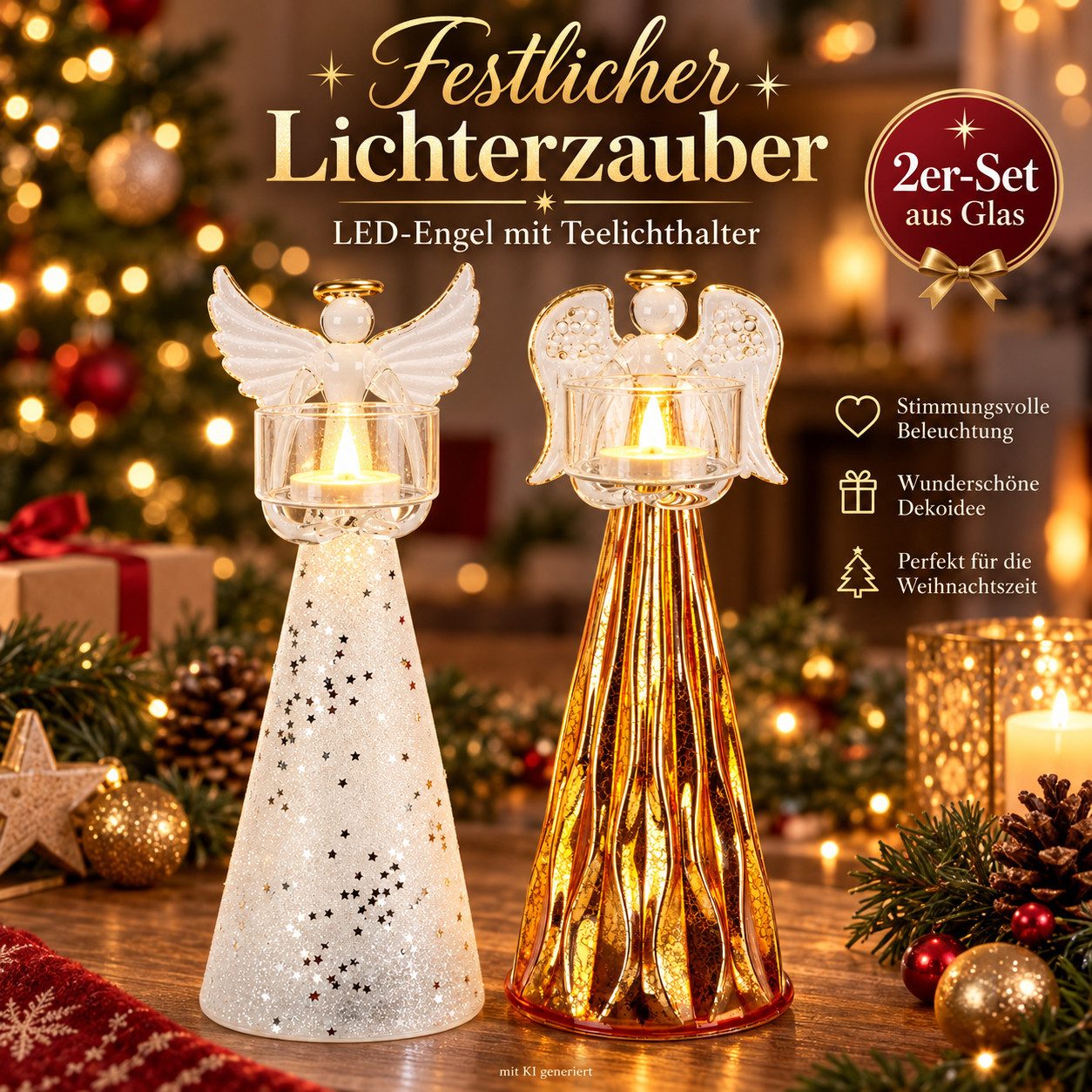 Weltbild LED-Dekofigur LED Engel mit Teelichthalter 2er Set Glas Deko Kerzenhalter, Weihnachtsdeko Adventsdeko Lichterdeko Tischdeko Winterdeko – Bild 3 von 5