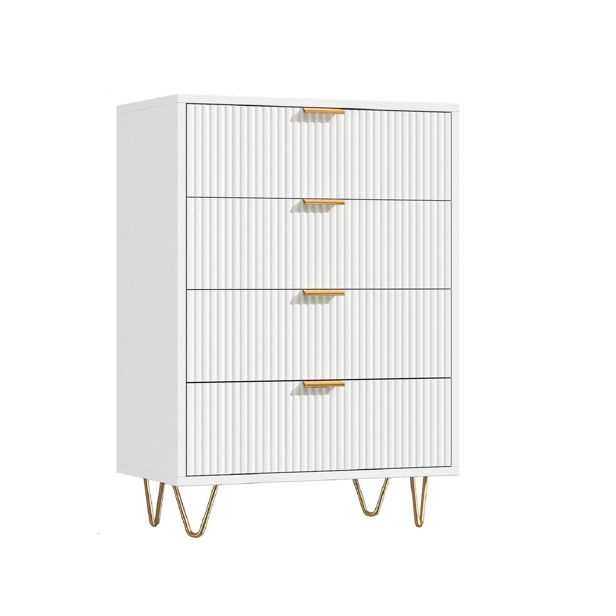 FUROKOY Kommode (Weiß Sideboard Schrank Highboard mit 4 Schubladen und Metallbeinen), Schmal kommode für Schlafzimmer, Wohnzimmer, Flur, 60 x 34 x 91 cm
