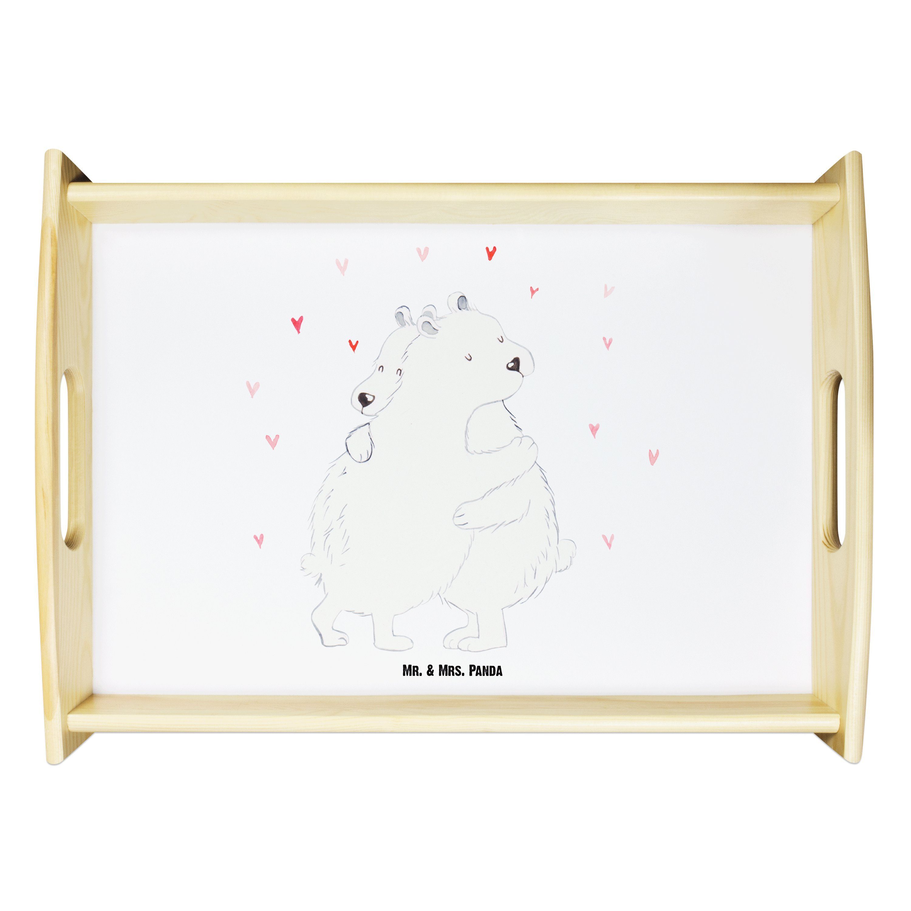 Mr. & Mrs. Panda Tablett Eisbär Umarmen - Weiß - Geschenk, Küchentablett, Frühstückstablett, l, Echtholz lasiert, (1-tlg)