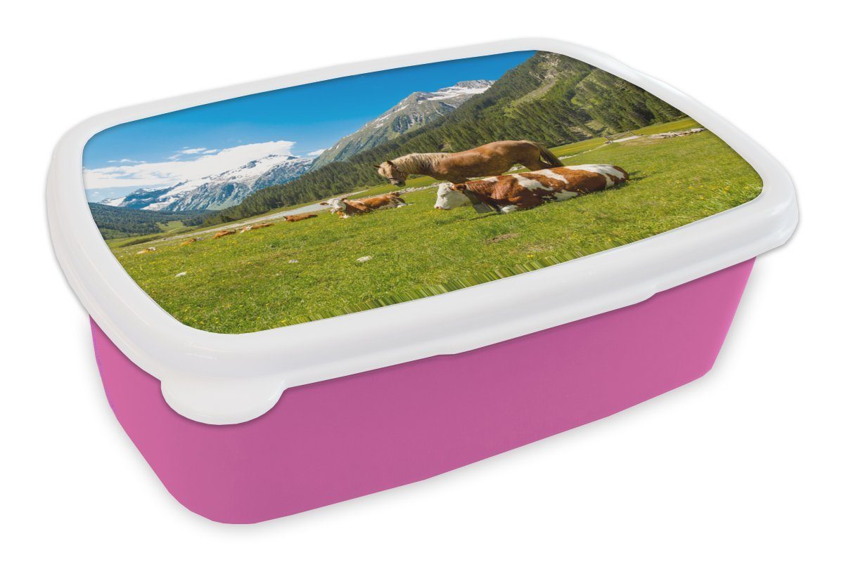 Brotdose Erwachsene, (2-tlg), Kinder, - Lunchbox Kühe für - Pferde MuchoWow Kunststoff, Snackbox, rosa Kunststoff Brotbox Mädchen, Alpen,