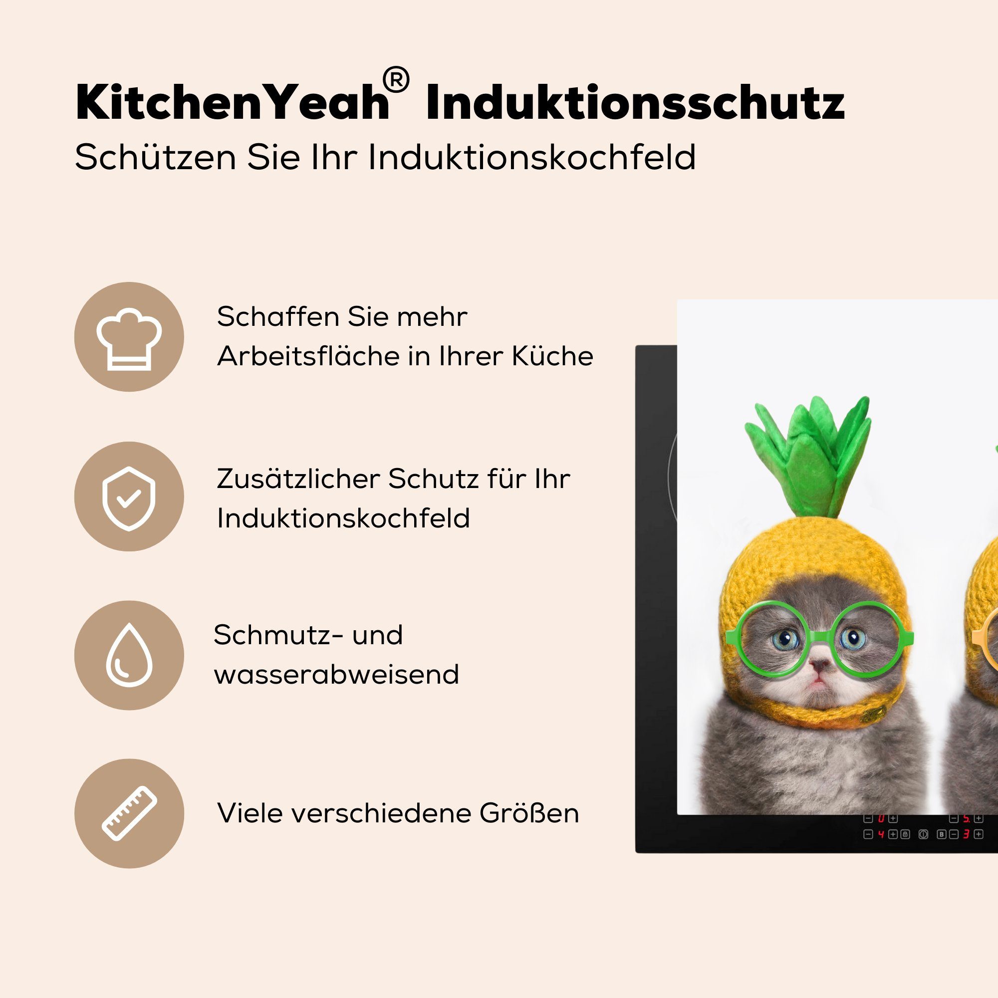 Jungen Arbeitsplatte - küche Kind, 78x78 - Kätzchen (1 für Ananas cm, Vinyl, MuchoWow - Ceranfeldabdeckung, tlg), - - - Herdblende-/Abdeckplatte Brille Kinder Mädchen