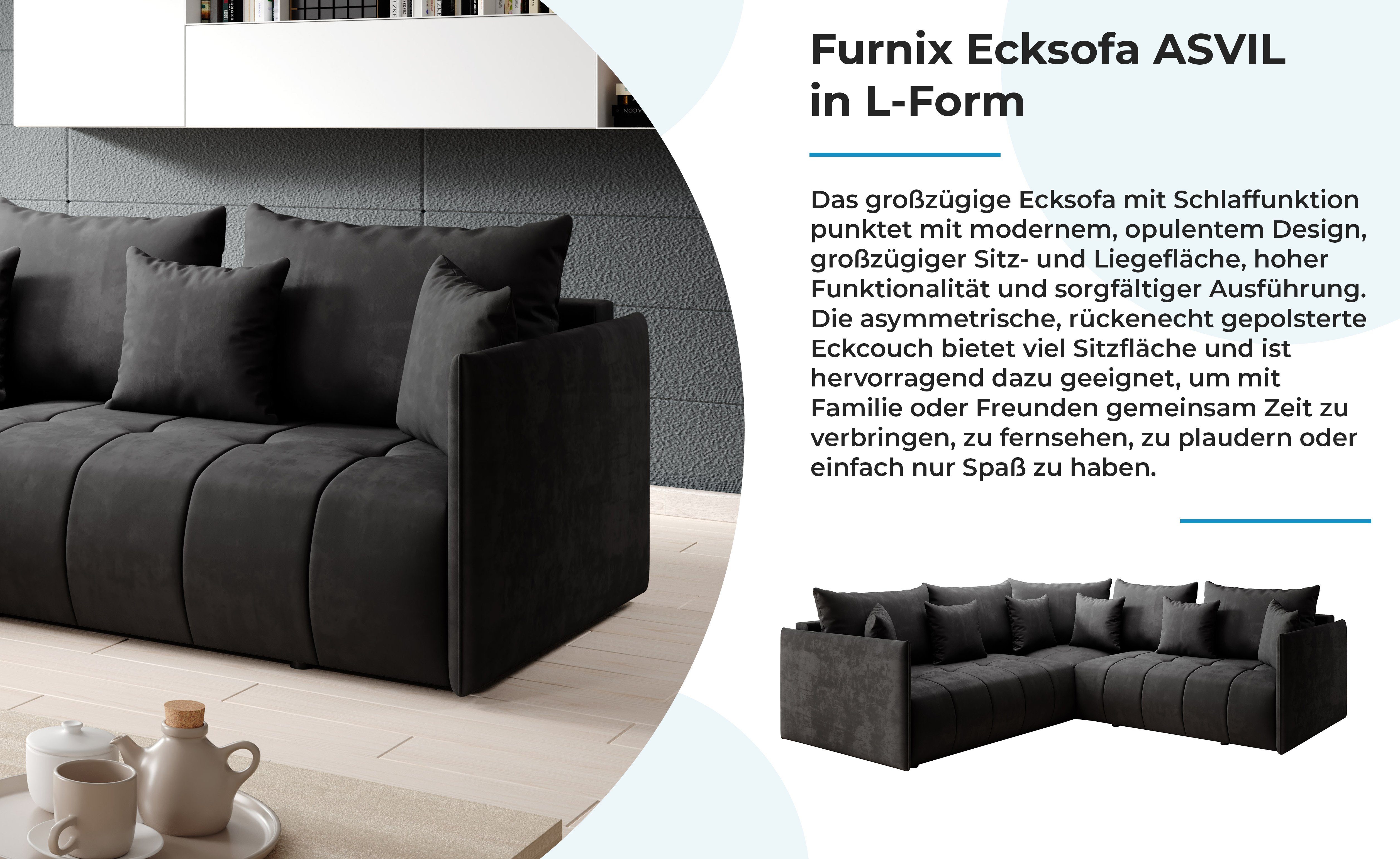 Furnix Ecksofa L-Form EN25 in 231 83 Dunkelgrau Bettkasten x Europe Kissen, made x hochwertig, und 231 in Polstercouch Schlafsofa cm
