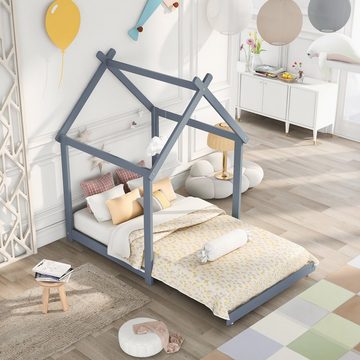 SOFTWEARY Kinderbett Hausbett mit ausziehbarem Lattenrost (90x200 cm), Einzelbett, Holzbett aus Kieferholz