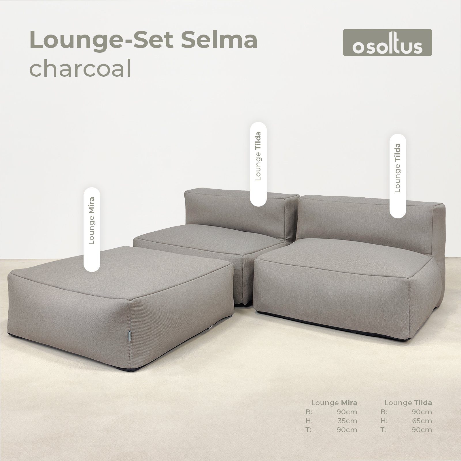 osoltus Garten-Essgruppe osoltus Selma Premium Modular Lounge 3tlg. Axroma Olefin Charcoal Grau