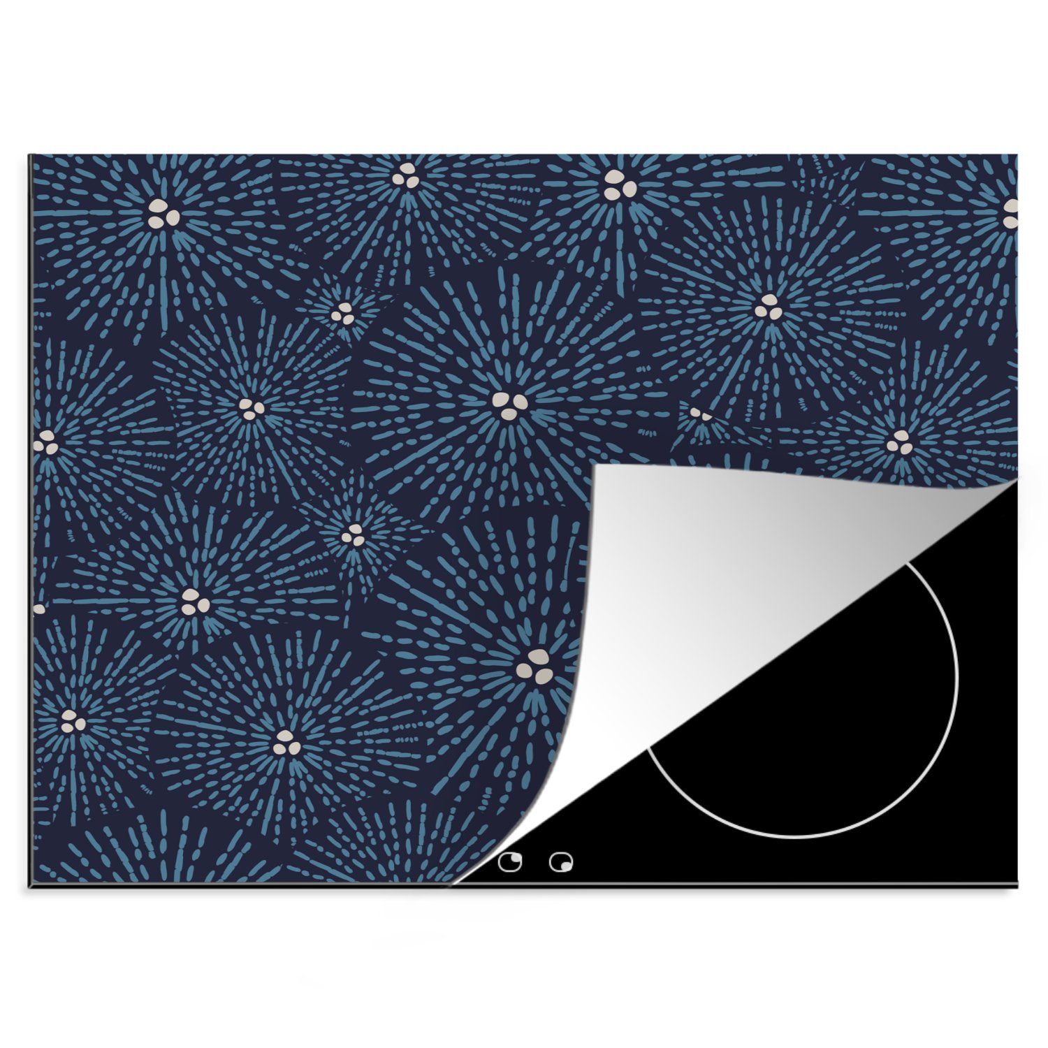 MuchoWow Herdblende-/Abdeckplatte Blumen - Japanisch - Muster - Blau - Weiß, Vinyl, (1 tlg), 60x52 cm, Mobile Arbeitsfläche nutzbar, Ceranfeldabdeckung | Herdabdeckplatten