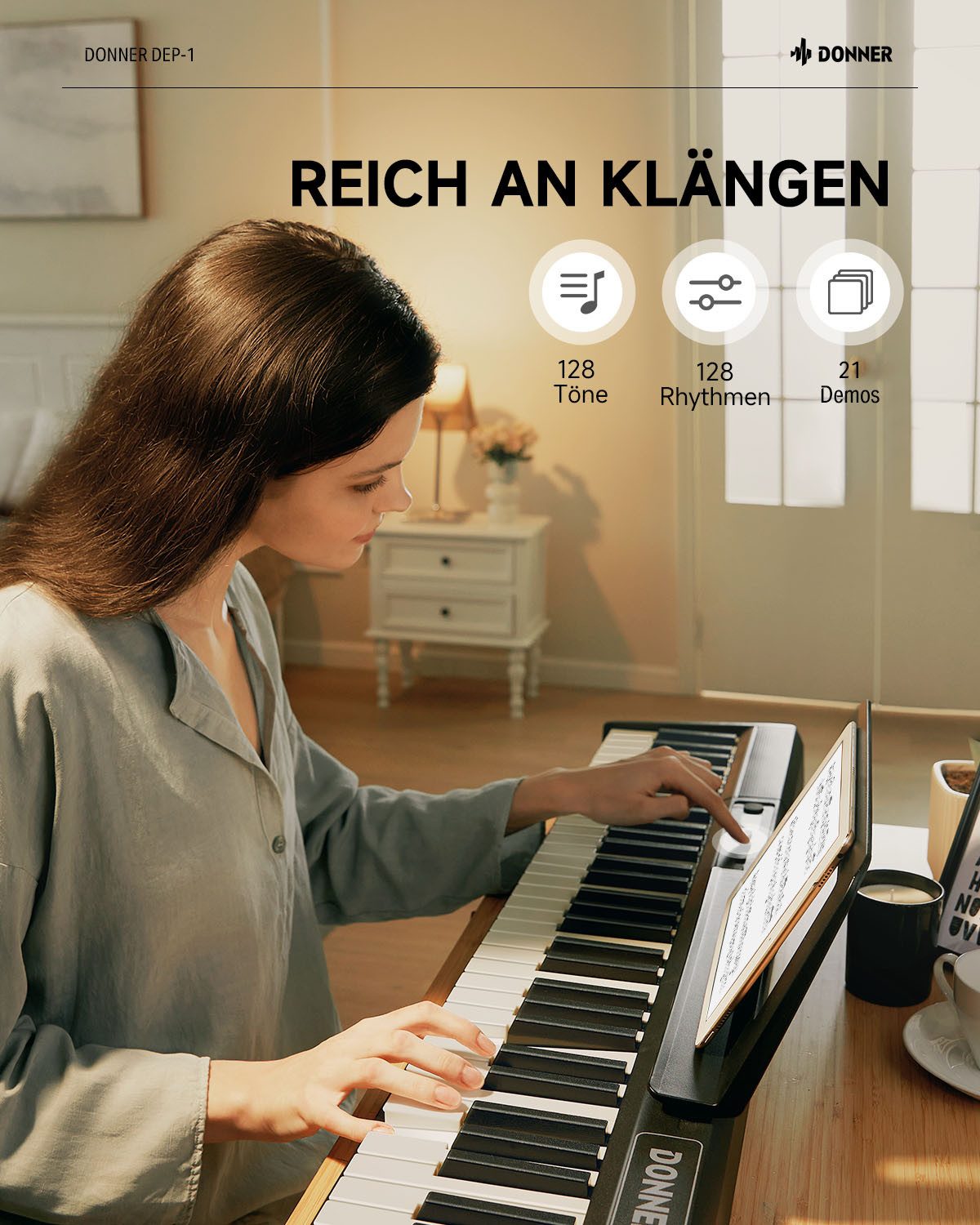 Donner Home-Keyboard Klavier 88 Tasten Elektro piano Einsteiger Tragbares E-Piano DEP-1 (Set, mit Ständer, Sustain-Pedal, Transporttasche und Keyboard-Aufkleber – Bild 4 von 5