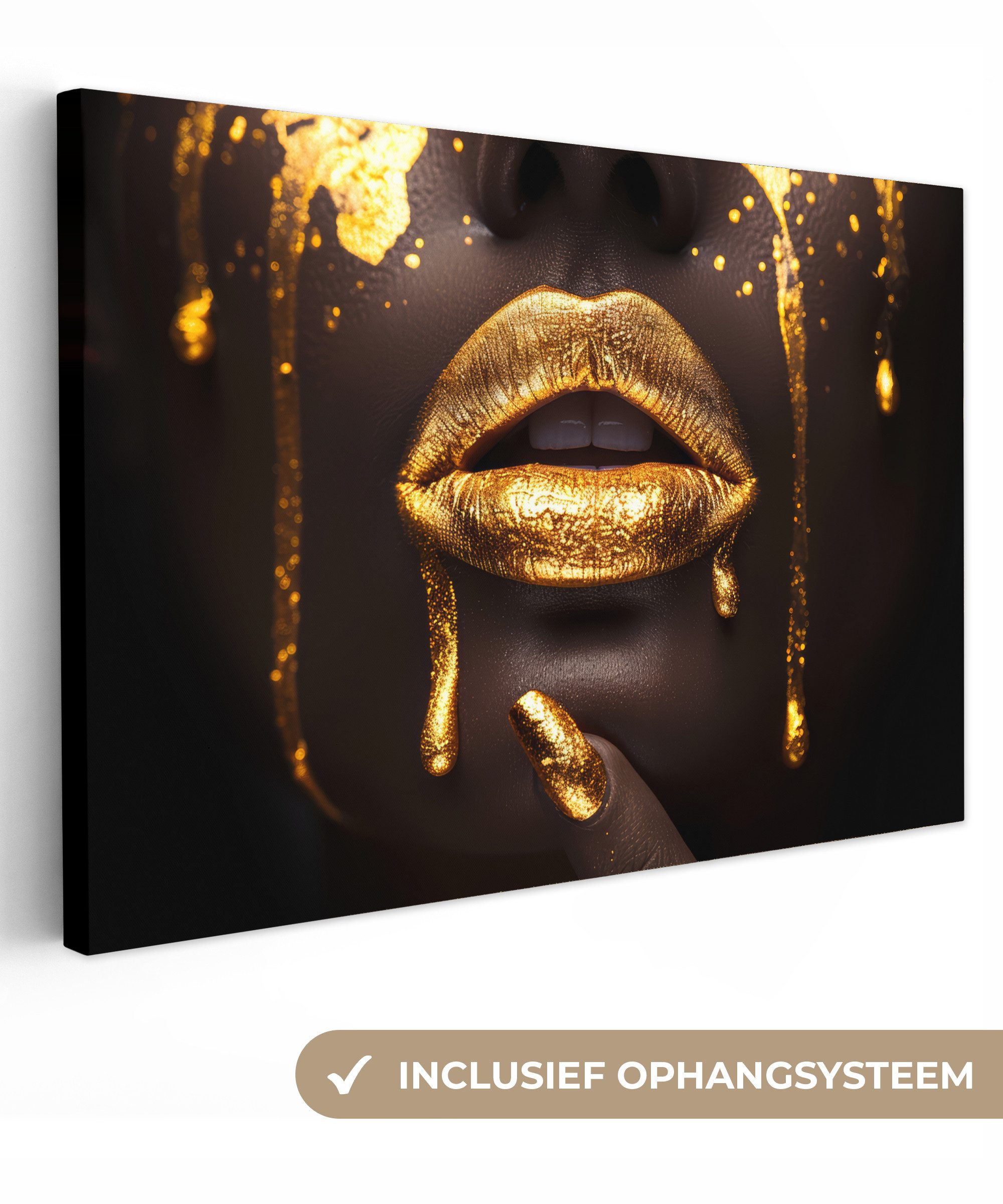 OneMillionCanvasses® Leinwandbild Goldene Lippen - Gesicht - Frau - Modern, Fotodruck (1 St), Leinwand Bilder Klein, Wand Dekoration Aesthetic 30x20 cm