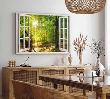 Sinus Art Leinwandbild Wandbild 120x80cm Fensterbild Wald Bach Grün Sonnenstrahl warmes Licht, (1 St)