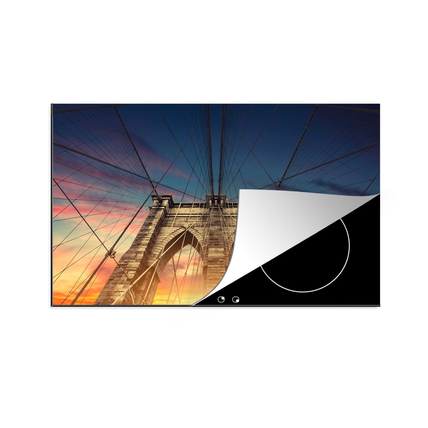 MuchoWow Herdblende-/Abdeckplatte Die Brooklyn Bridge unter einem bunten Himmel in Amerika, Vinyl, (1 tlg), 81x52 cm, Induktionskochfeld Schutz für die küche, Ceranfeldabdeckung