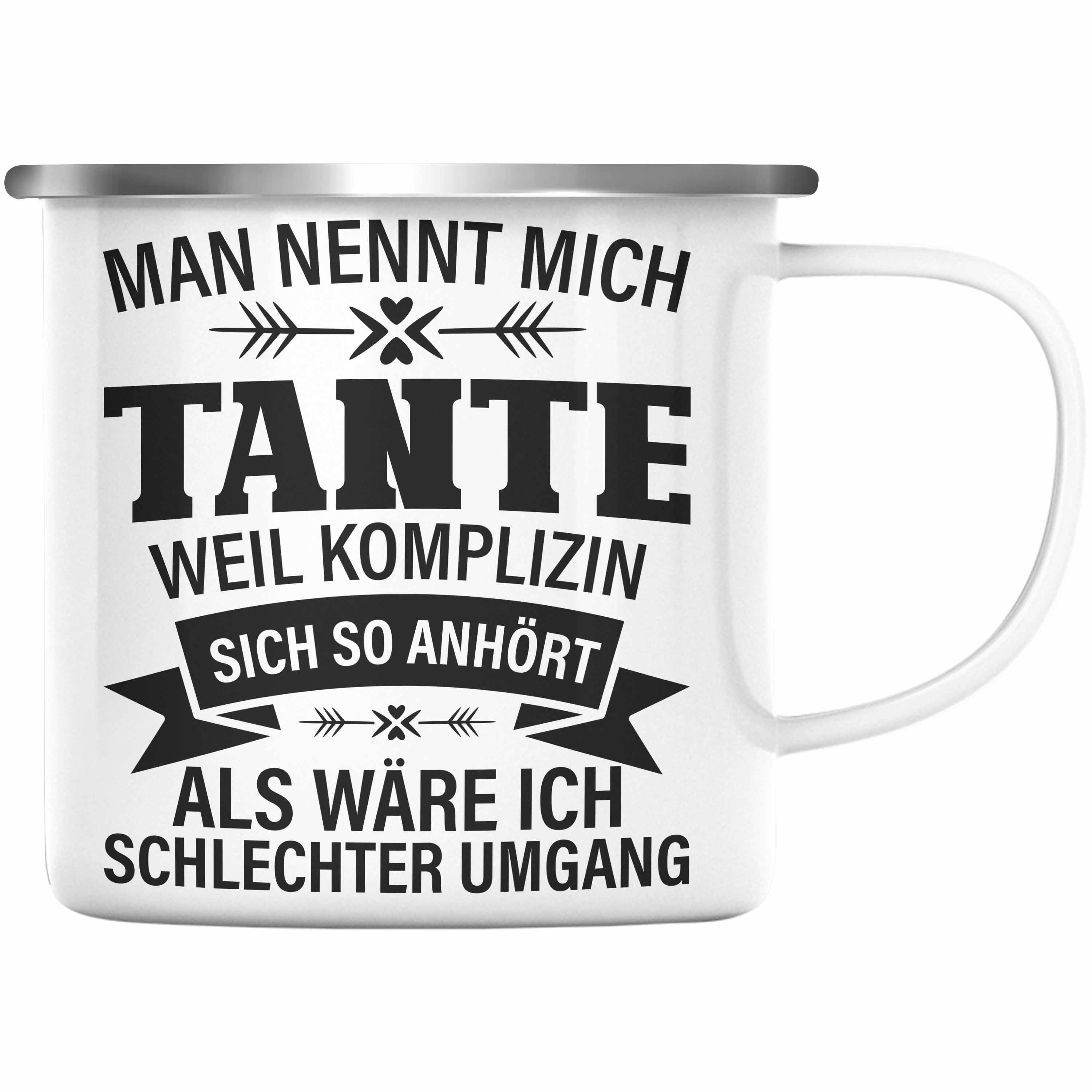 Trendation Thermotasse Trendation - Tante Geschenk Emaille Tasse Lustiger Spruch Komplizin Schlechter Umgang Geschenkidee für Beste Tante Silber