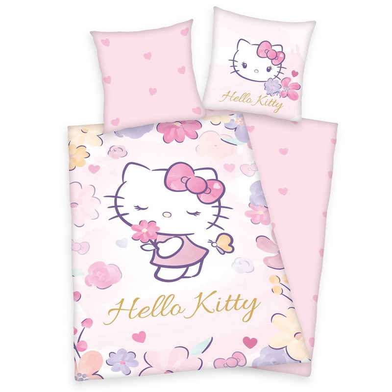 Bettwäsche, Herding, 2tlg. Mädchen Bettwäsche Hello Kitty 135x200cm Baumwolle Bettdecke Bettgarnitur rosa