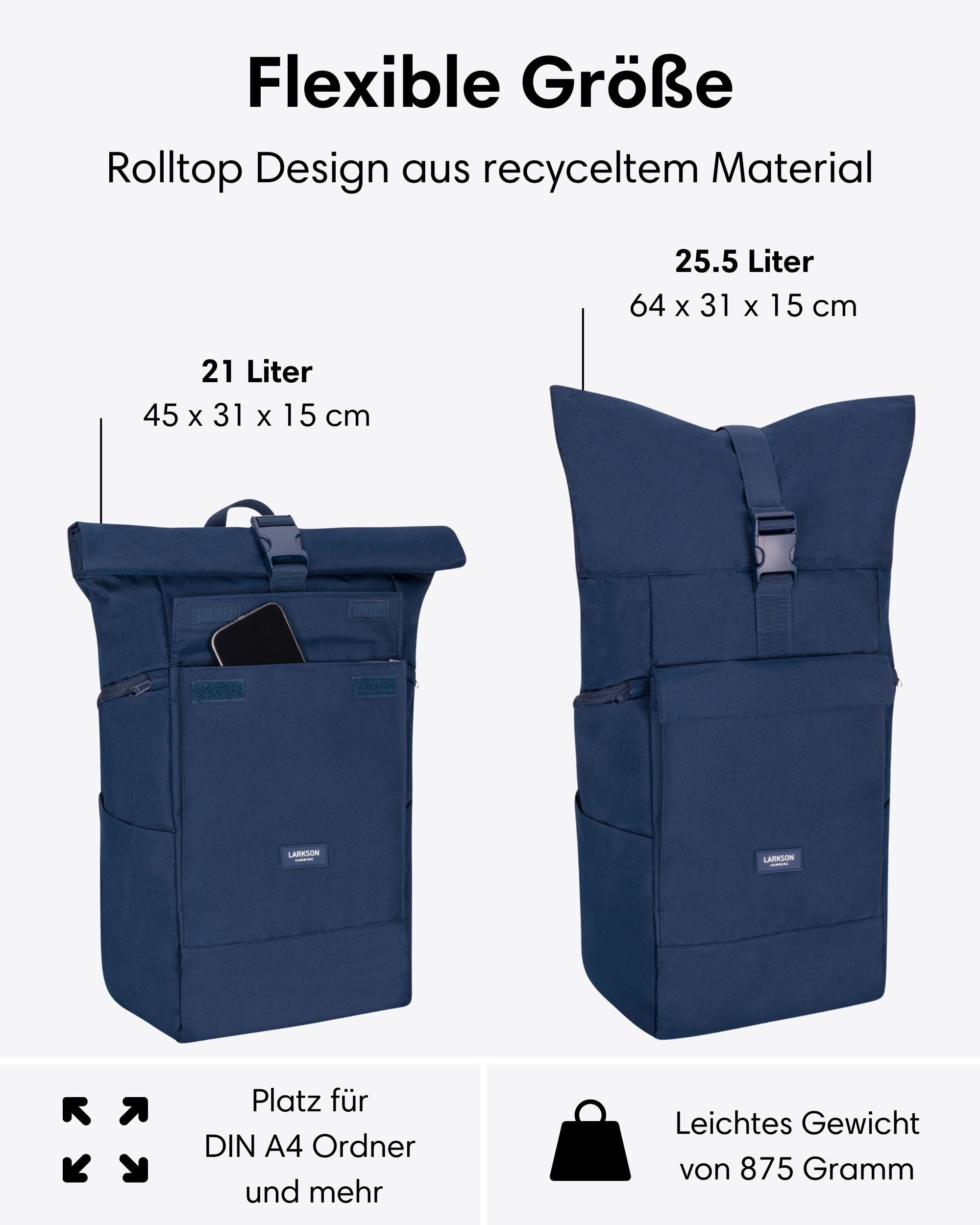 LARKSON Cityrucksack No 4 Large Rolltop Rucksack für Damen und Herren (1-tlg), Geräumiger Rolltop Rucksack für Reisen, Wasserabweisend