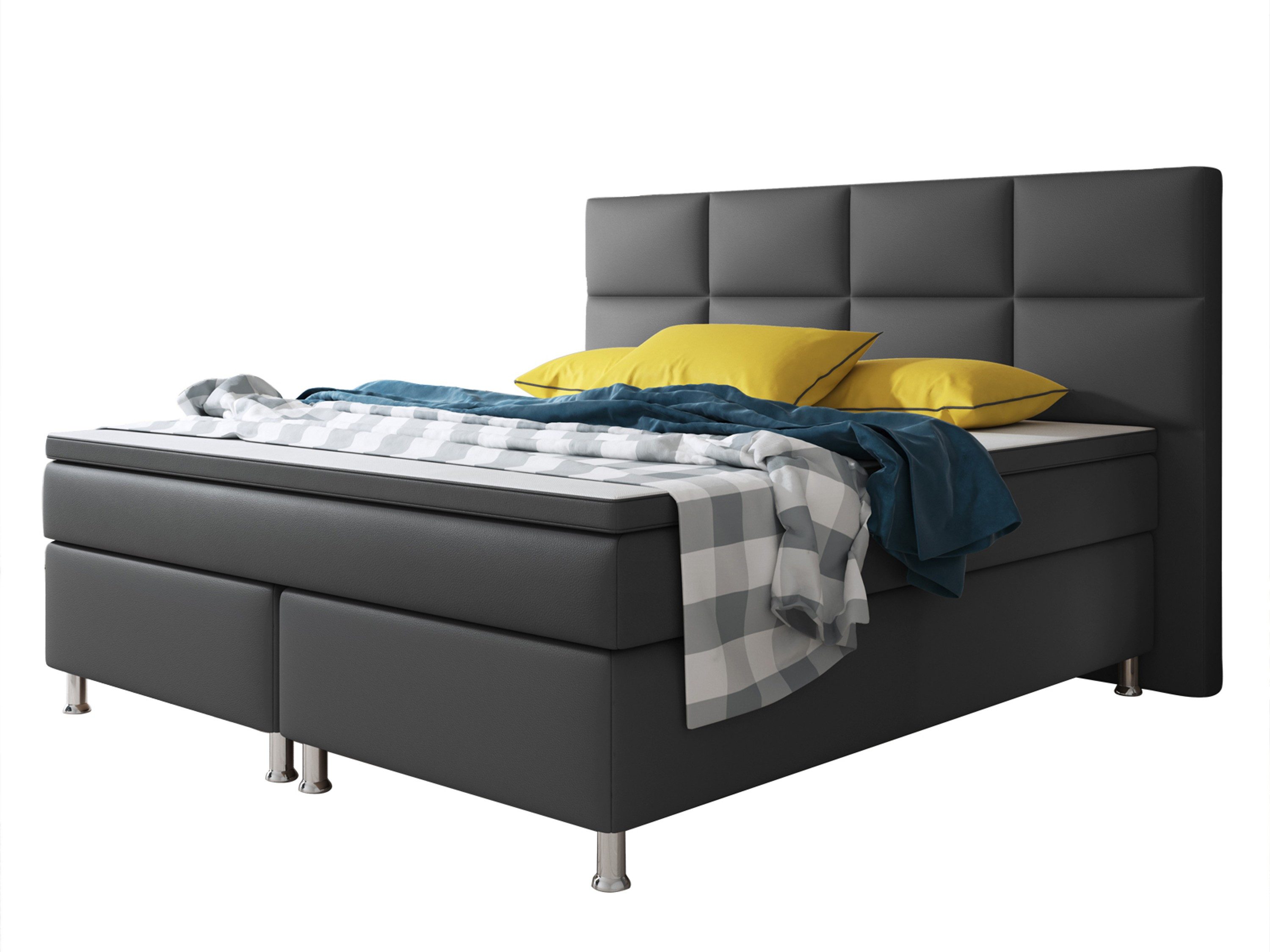 inter Boxspringbett Miami 180x200 cm Kunstleder mit 7-Zonen TFK und Topper (180x200 cm, Anthrazit mit 7 Zonen Taschenfederkernmatratzen und Topper), Taschenfederkern-Komfort, gepolstertes Kopfteil, inklusive Matratzen
