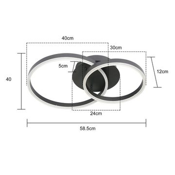 ZMH LED Deckenleuchte Dimmbar Ringe Modern Schwarz 61W mit Fernbedienung, LED fest integriert, 2-Ringe