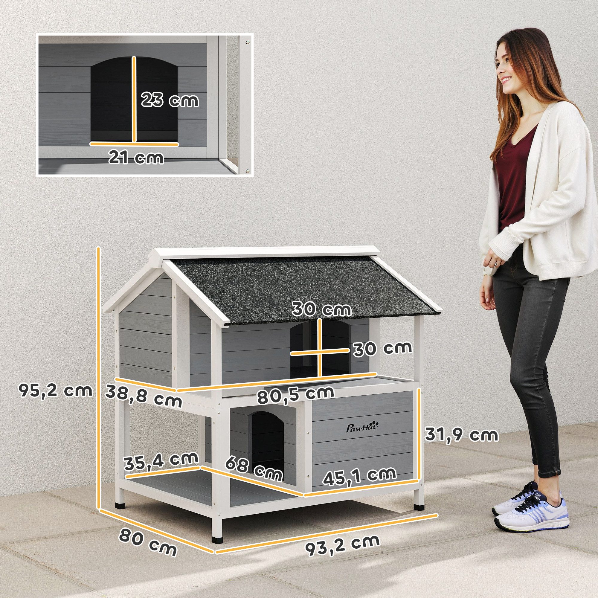 PawHut Tierhöhle Katzenhaus aus Holz, mit zu öffnendem Dach, herausnehmbarem Kissen, für Draußen, 80 x 93 x 95 cm, Grau