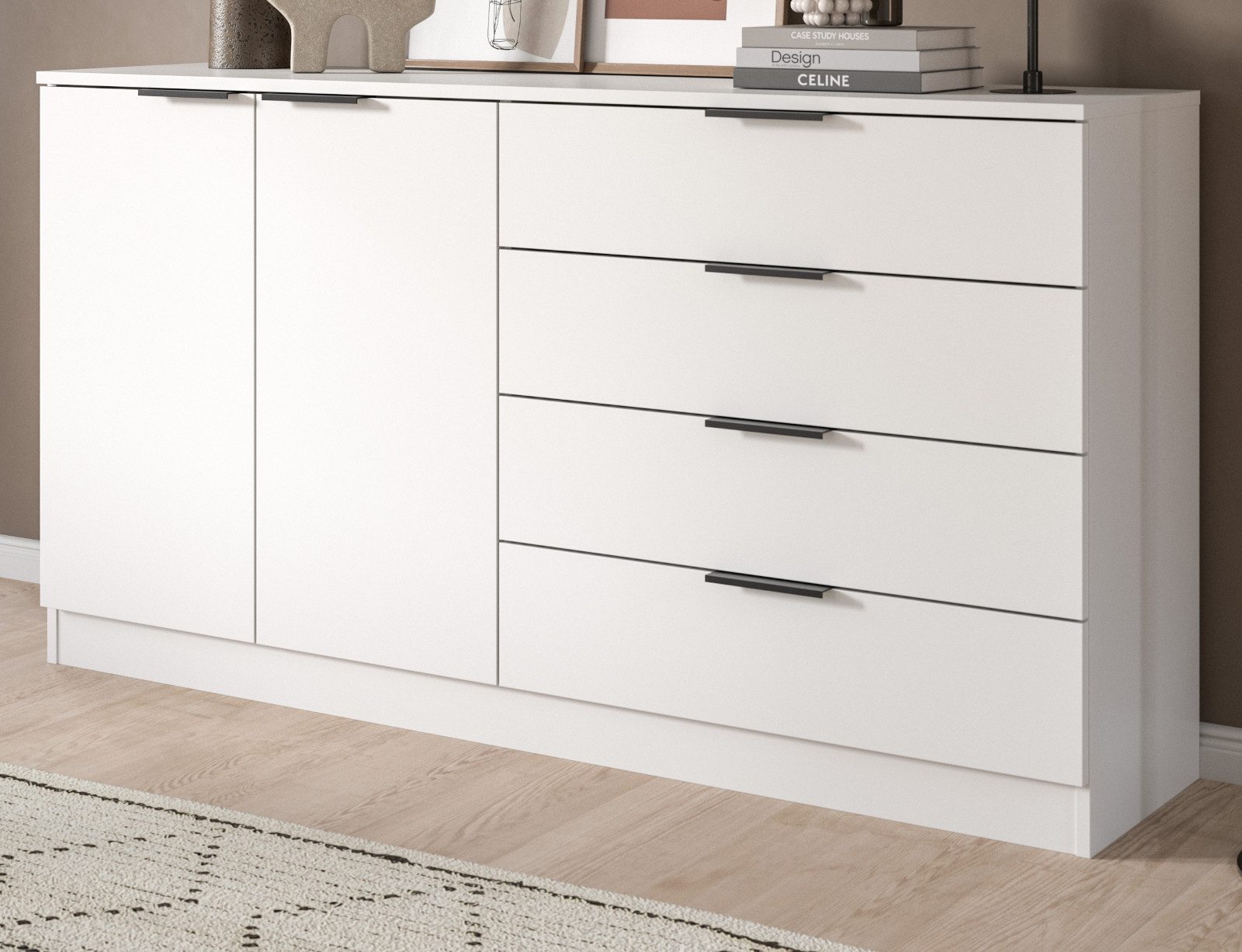 Inn.Furn Kombikommode Swan (Sideboard in Weiß, 2 Türen und 4 Schubkästen, 148 x 80 cm), mit Vollauszug