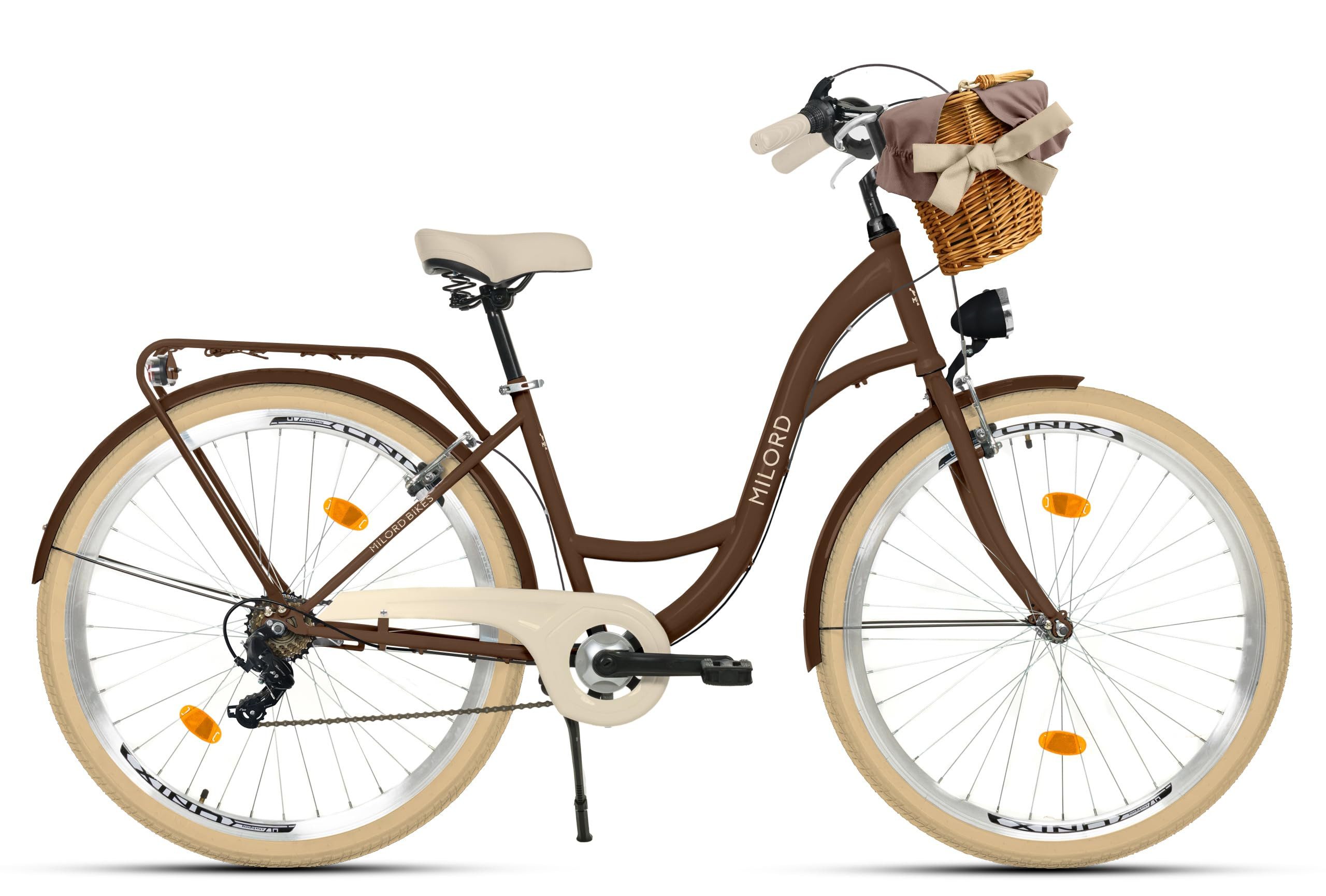 Milord Cityrad Damenfahrrad Citybike Mit Weidenkorb Fahrrad 26/28 Zoll 7-Gang Braun, 7 Gang, (Fahrradständer, Gepäckträger, Klingel, Korb, Kotflügel)