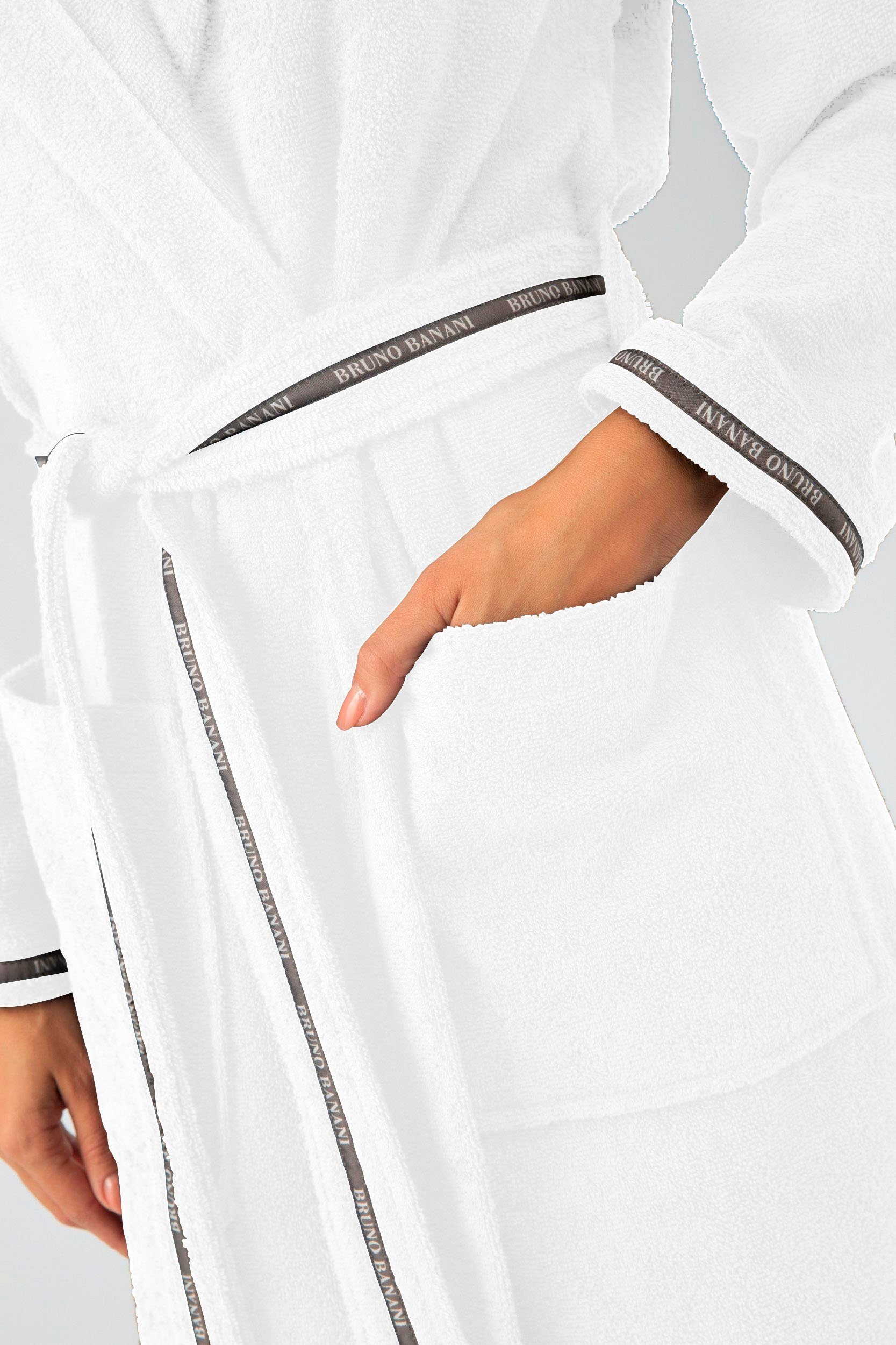 Bruno Banani Damenbademantel Danny, ideal für Sauna & Spa, Hotelbademantel, Morgenmantel, Langform, Walkfrottier, Kapuze, Gürtel, mit Logostreifen, aus 100% Baumwolle, XS-3XL
