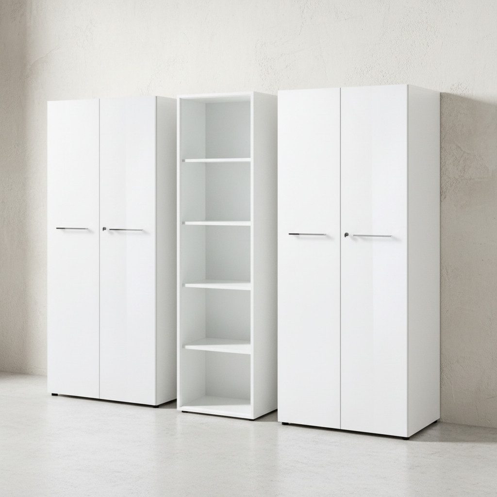 KADIMA DESIGN Büromöbel-Set Büro-Set MUENCHEN 3-teilig, 240cm breit, Glasfront, 2 Schränke & Regal, (240cm breit, ABS-Kanten, Büromöbel Made in Germany, Home Office, Büro), Aktenschrank-Set, Schrankwand, 5 Ordnerhöhen, Abschließbar, Soft-Close
