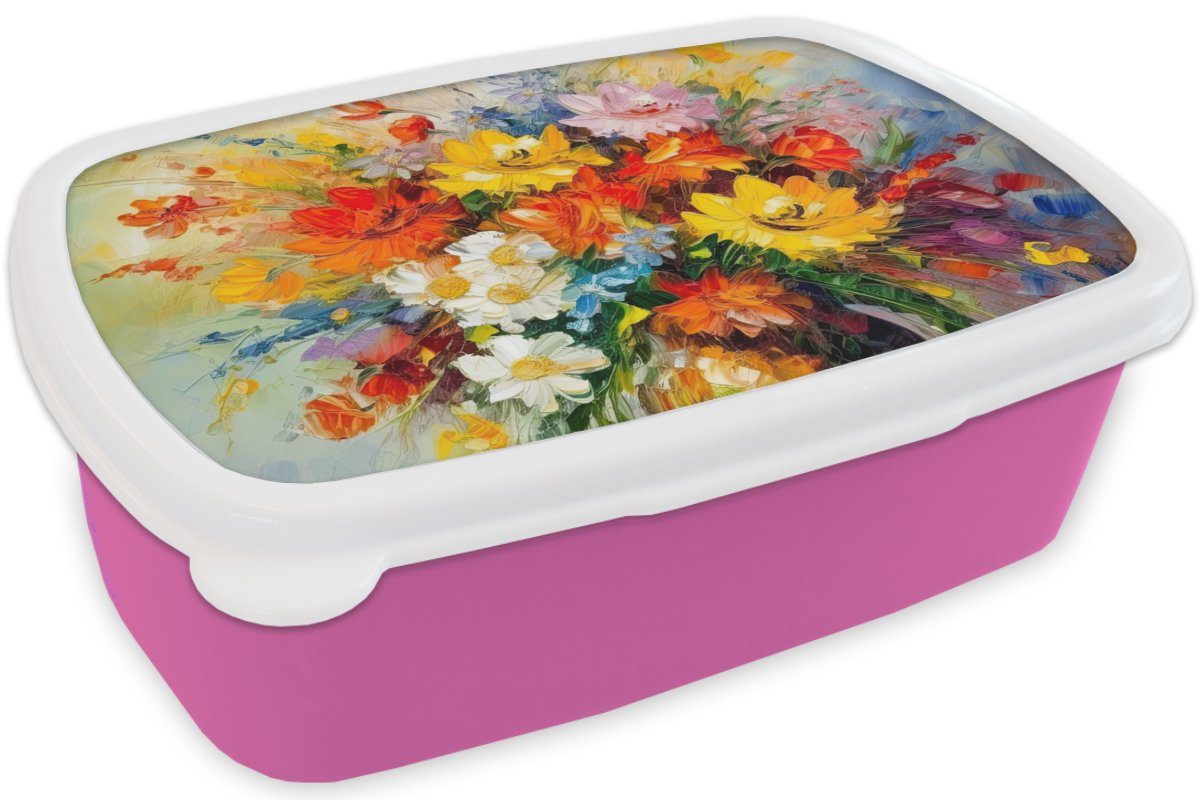MuchoWow Lunchbox (2-tlg), - Erwachsene, rosa Brotdose Snackbox, Blumen Ölfarbe Bunt Kinder, Brotbox Kunststoff Blumentopf, - Mädchen, - für Kunststoff