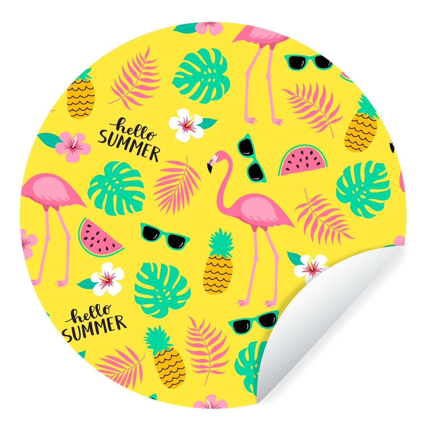 MuchoWow Wandsticker Sommer - Flamingo - Gelb (1 St), Tapetenkreis für Kinderzimmer, Tapetenaufkleber, Rund, Wohnzimmer
