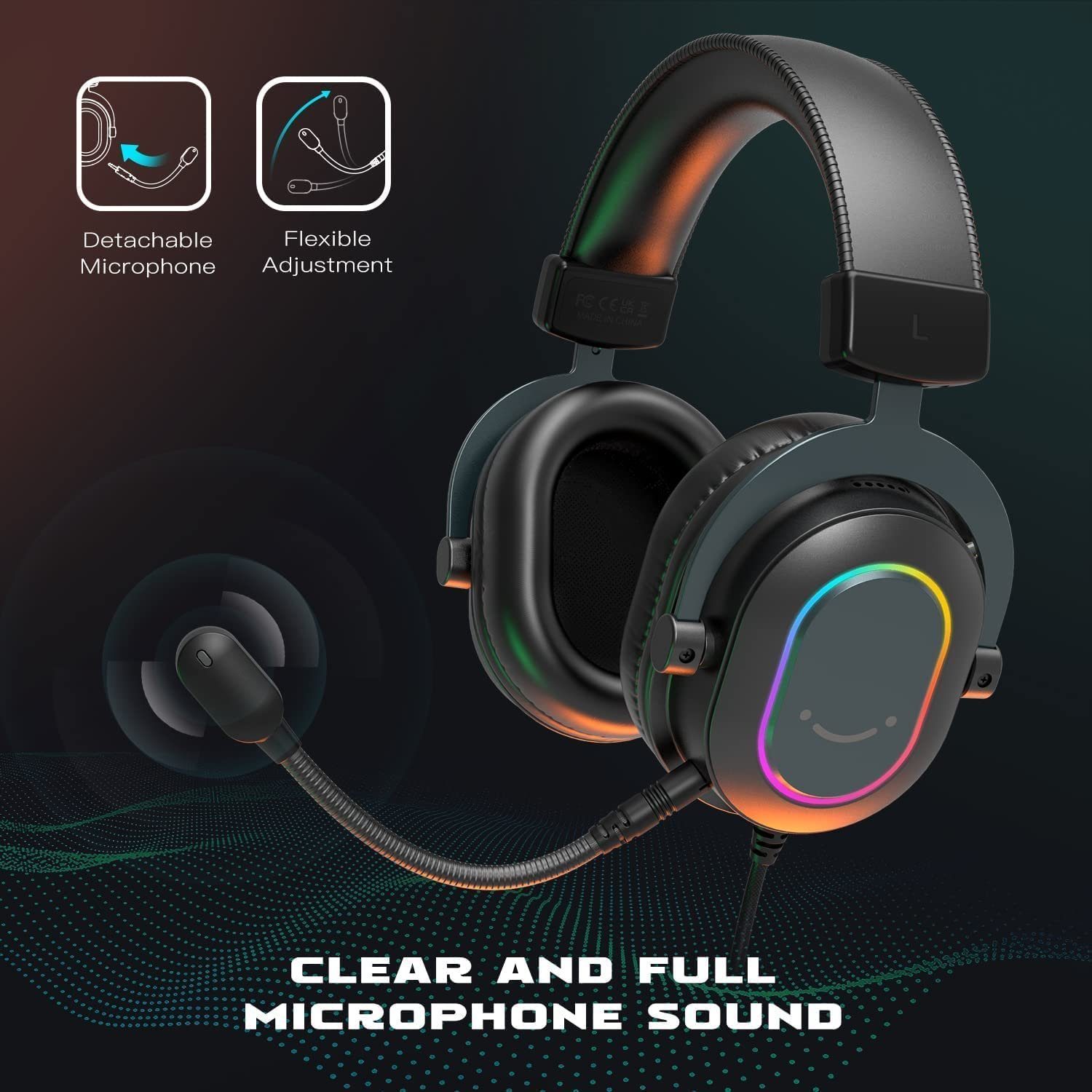 FIFINE Mikrofon Headset Gaming PC PS4 PS5 mit Mikrofon Over-Ear Kopfhörer mit Kabel, RGB-Design, 3 Sound-Modi, Surround-Sound und Ohrpolster – Bild 4 von 5