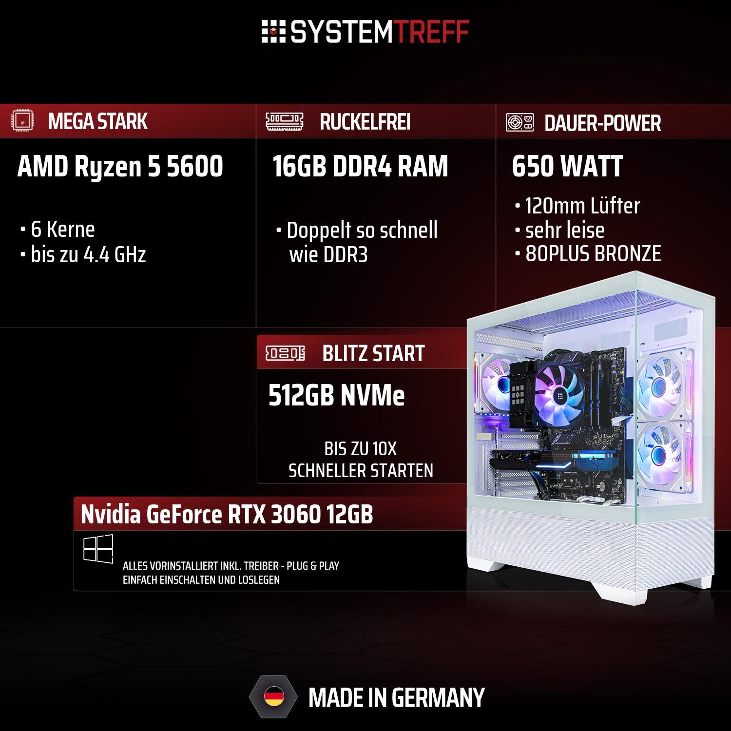 SYSTEMTREFF Basic Gaming-PC (AMD 5600 5600, GeForce RTX 3060, 16 GB RAM, 512 GB SSD, Luftkühlung)