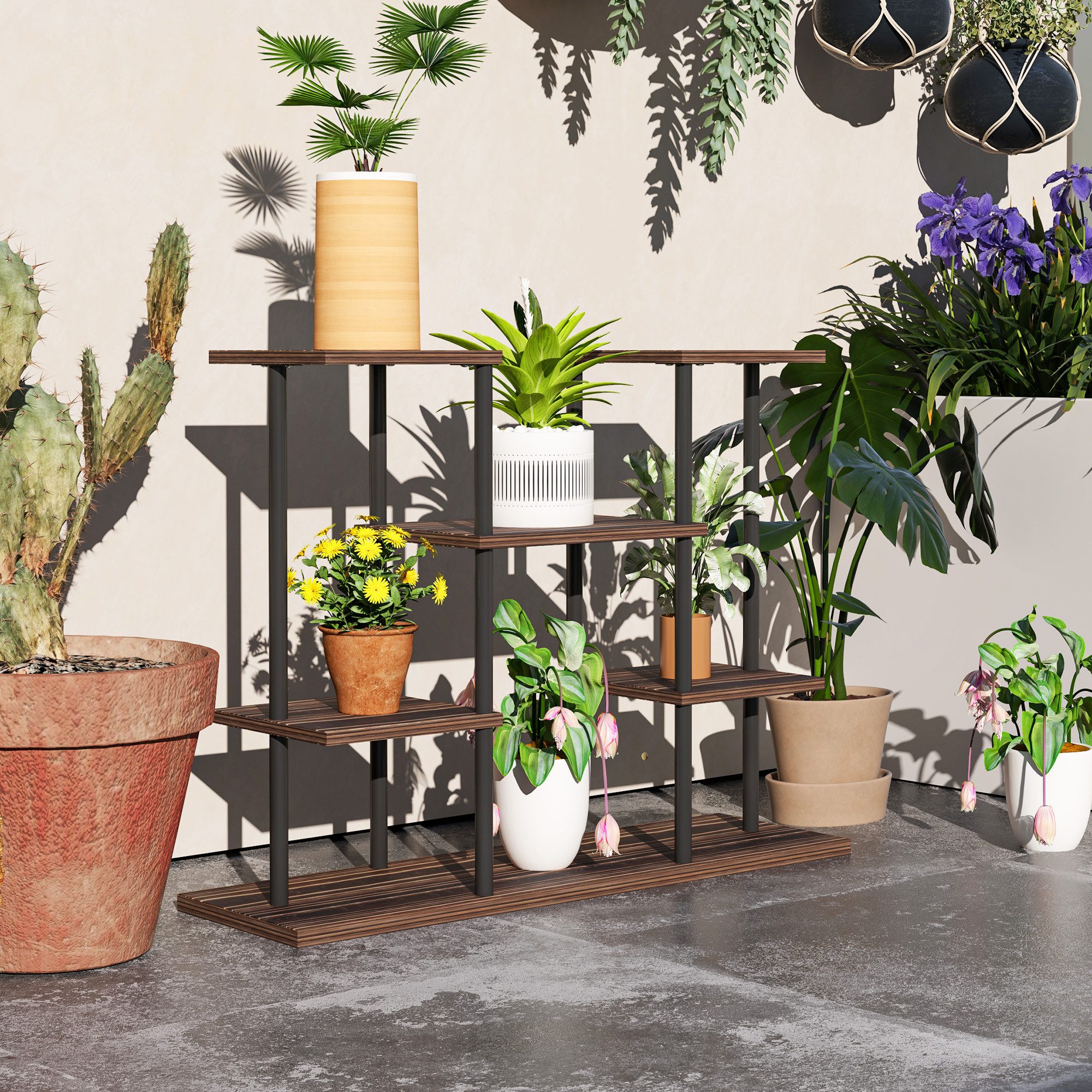 furnicato Pflanzentreppe Blumenständer 4 Ebenen, 4-stufig, Holz & Stahl, für drinne (1 St), Stabile Pflanzentreppe mit kompaktem Design für das Wohnzimmer