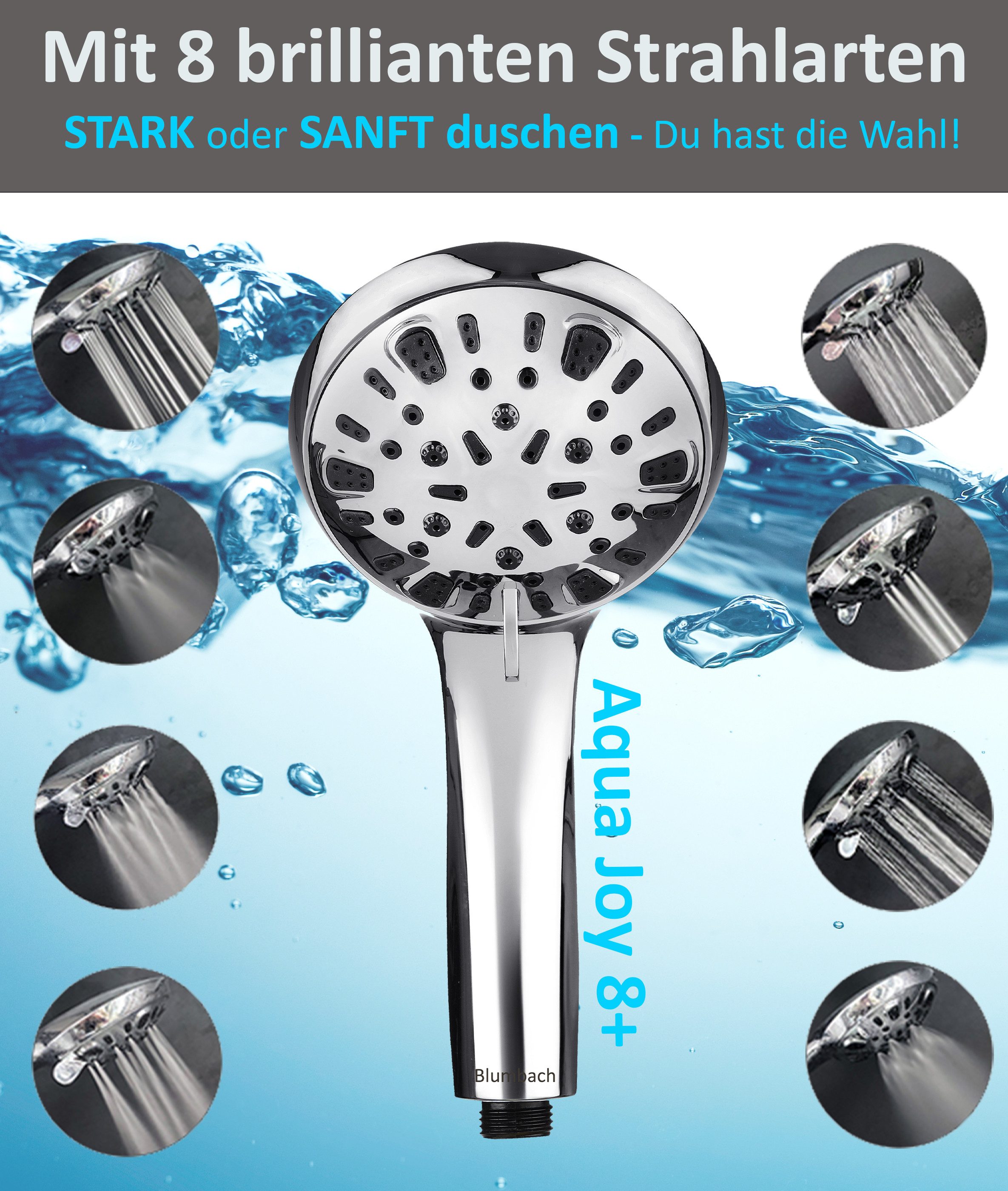 Blumbach Handbrause - Duschkopf Aqua Joy, (wassersparender Hochdruck Duschkopf), mit 8 außergewöhnlichen Strahlarten