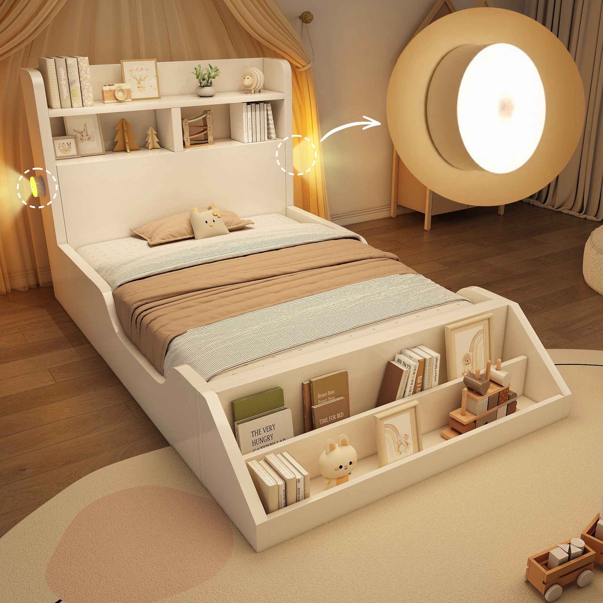 OKWISH Kinderbett Bett 90x200 cm mit Ablage und Nachtlichtern – reinweißes Holzdesign (Holzbett, Funktionsbett, 1-tlg., Kopfteil mit Ablagefläche, Jugendbett/Kinderbett), mit Ablageflächen,abnehmbarem Bücherregal