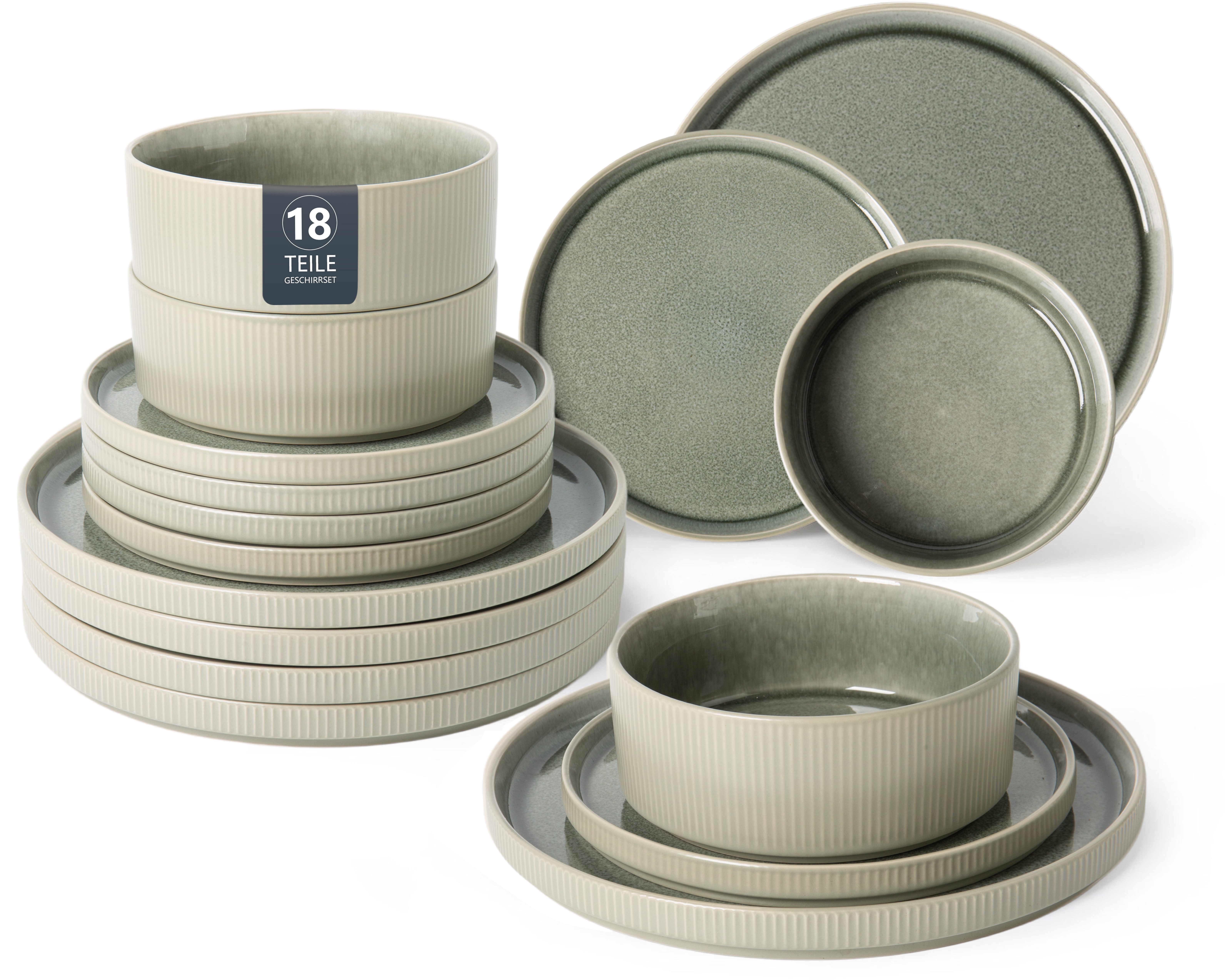 OTTO home Geschirr-Set Ylvii, außen matt, innen reaktiv glasiert (18-tlg), 6 Personen, Steinzeug, Riffeloptik, spülmaschinenfest und mikrowellengeeignet