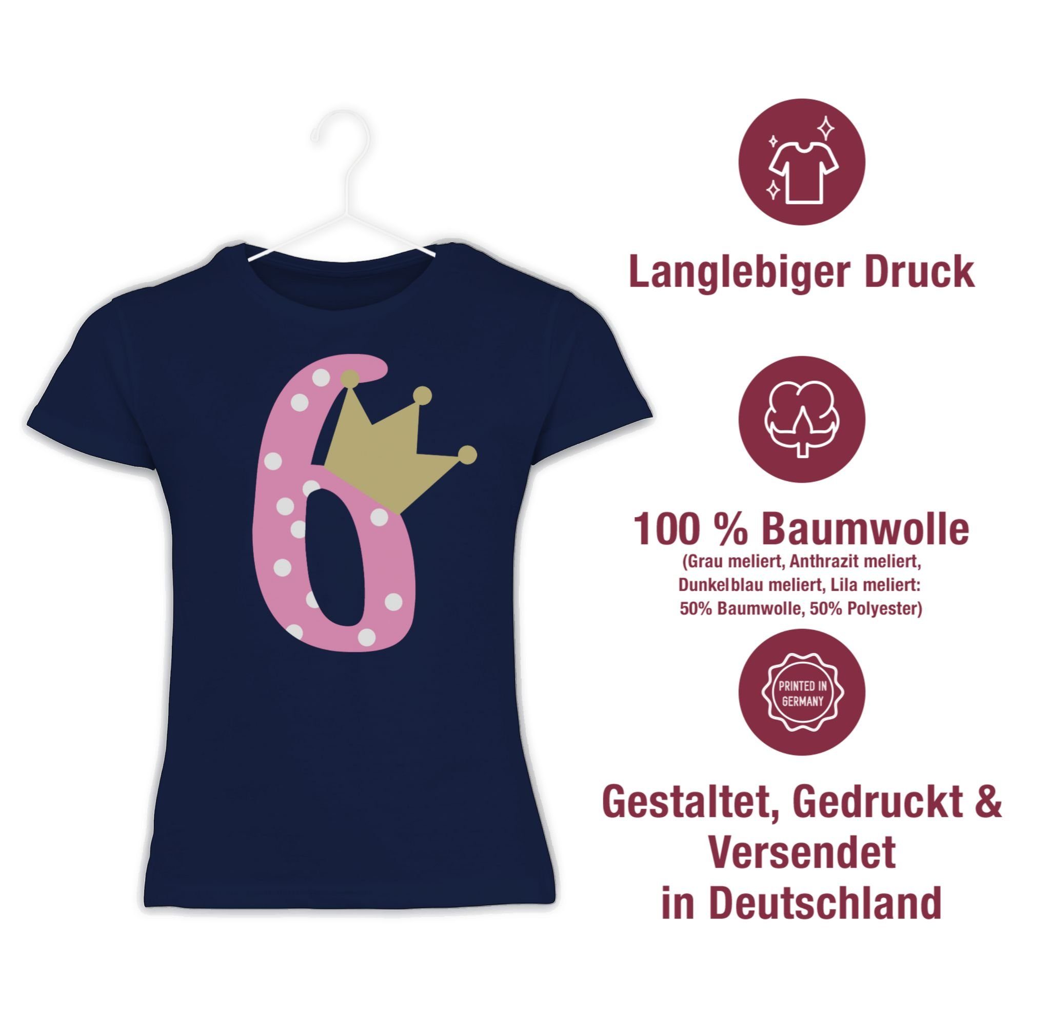 Dunkelblau Shirtracer Sechster Mädchen 6. 3 Geburtstag Sechs T-Shirt Krone