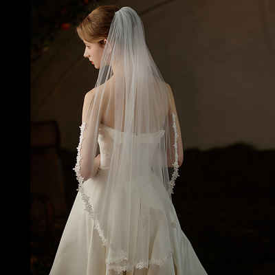 AUKUU Kopftuch Brautschleier Brautschleier aus Spitze Spitze Seide einlagig, einfacher weißer Hochzeitsschleier Kopfschmuck