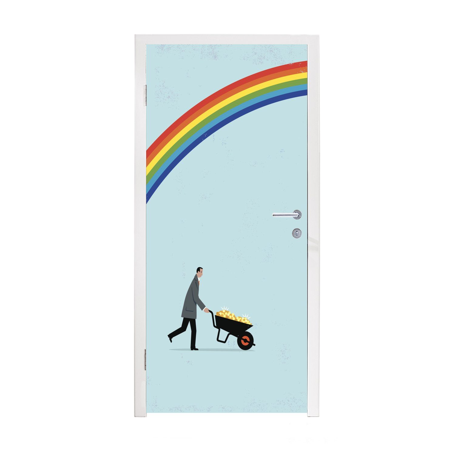 MuchoWow Türtapete Eine Illustration eines Mannes mit einer Schubkarre unter dem, Matt, bedruckt, (1 St), Fototapete für Tür, Türaufkleber, 75x205 cm