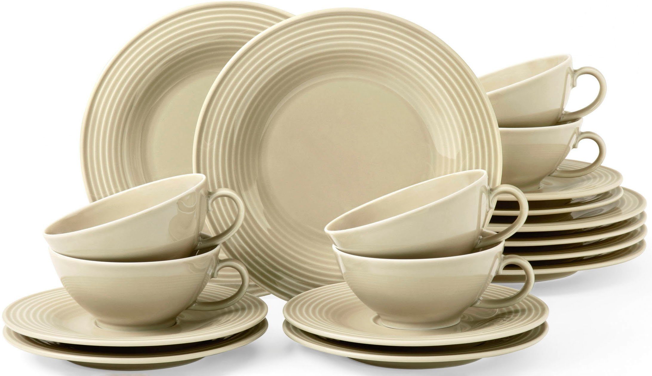 Seltmann Weiden Teeservice Geschirr-Set Beat (18-tlg), 6 Personen, Porzellan, Teller, Tassen, Untertassen, Rillendekor, 18 Teile, für 6 Personen
