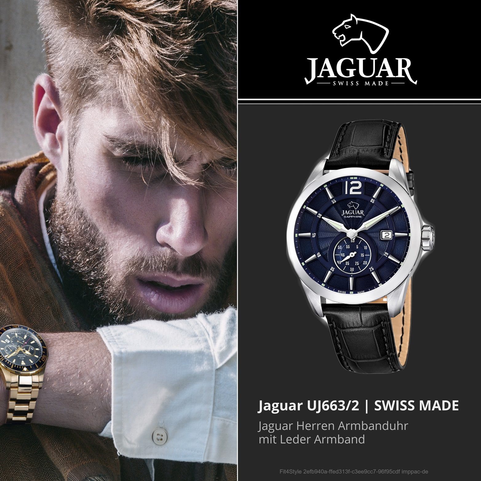 JAGUAR (ca. mit Leder Elegant, Herren rundes Gehäuse, Uhr Elegant-S Lederarmband, groß Jaguar Herrenuhr J663/2 43mm), Quarzuhr