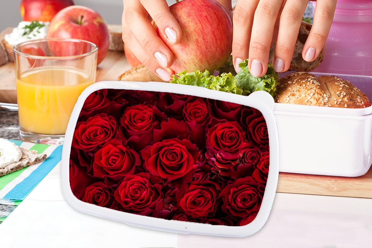 MuchoWow Lunchbox Blumen - Rosen für Kinder Brotbox Mädchen (2-tlg), - Erwachsene, und Brotdose, Jungs weiß Kunststoff, Rot, und für