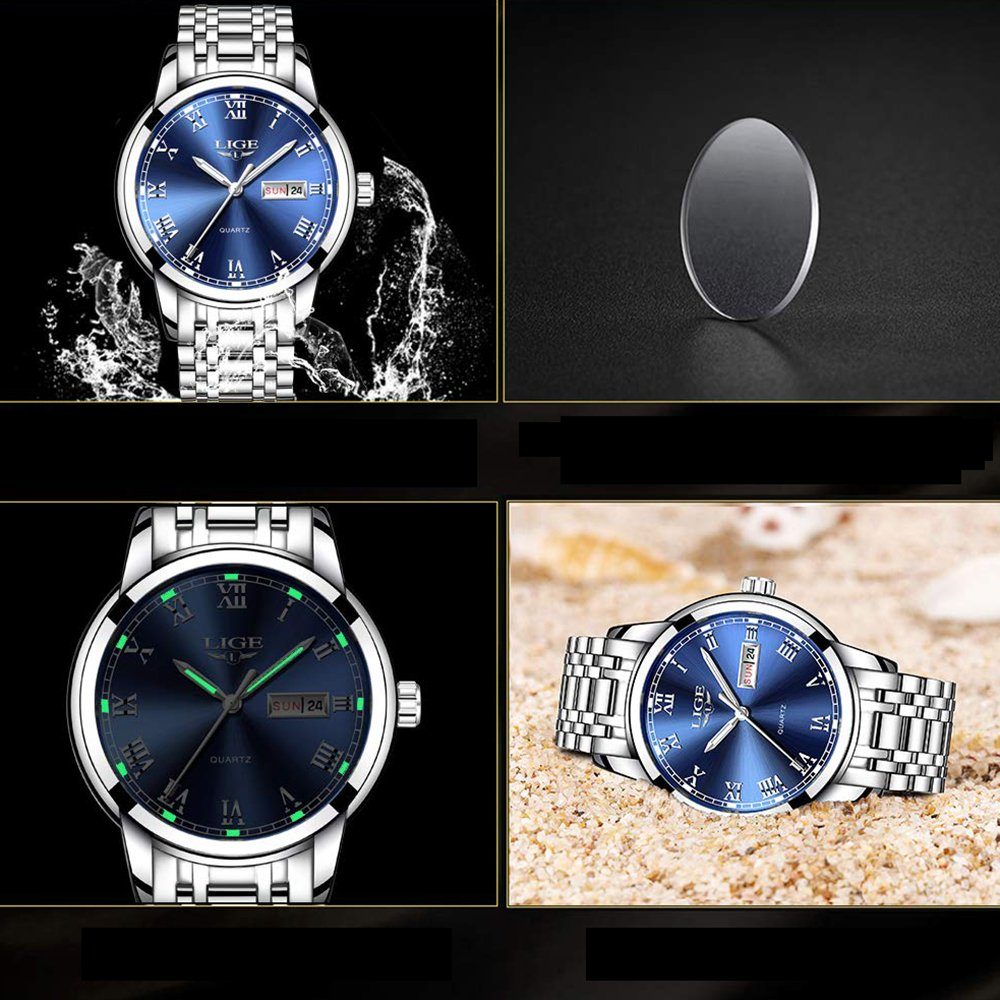 Blau Mode Uhr Uhren Business Sportuhr Silber, GelldG mit Wasserdicht Uhrenarmband Quarz analog