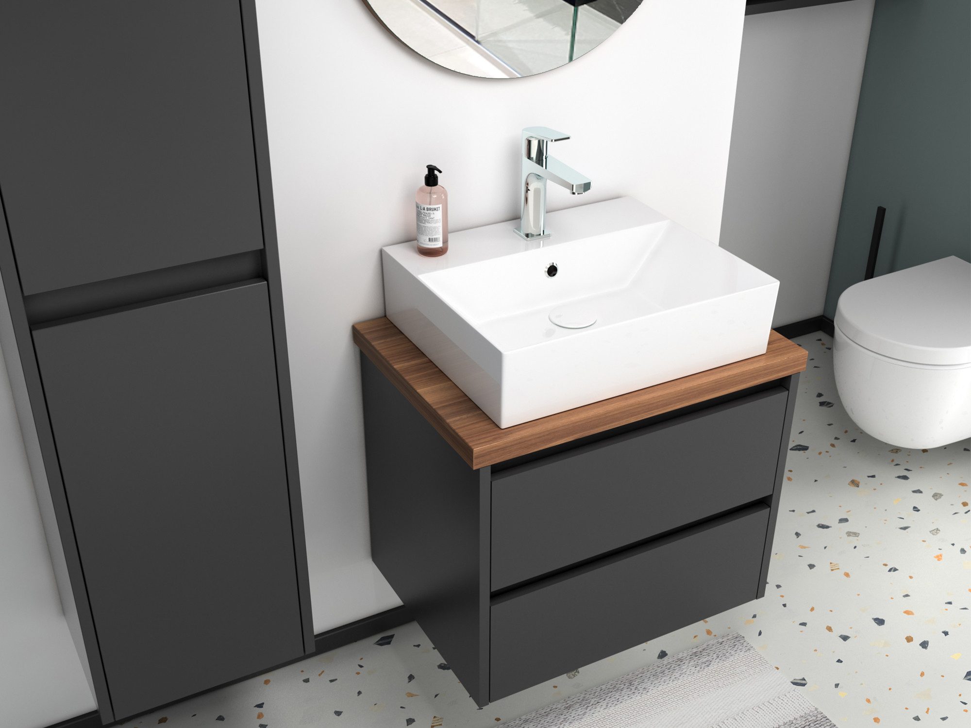 Aqua Bagno Badmöbel-Set Duo Badmöbel 60 cm – Anthrazit Matt Lackiert mit Keramik Waschbecken, (Badschrank vormontiert, 3-St., Badmöbelschrank mit Trägerplatte, Waschbecken), einfache Montage