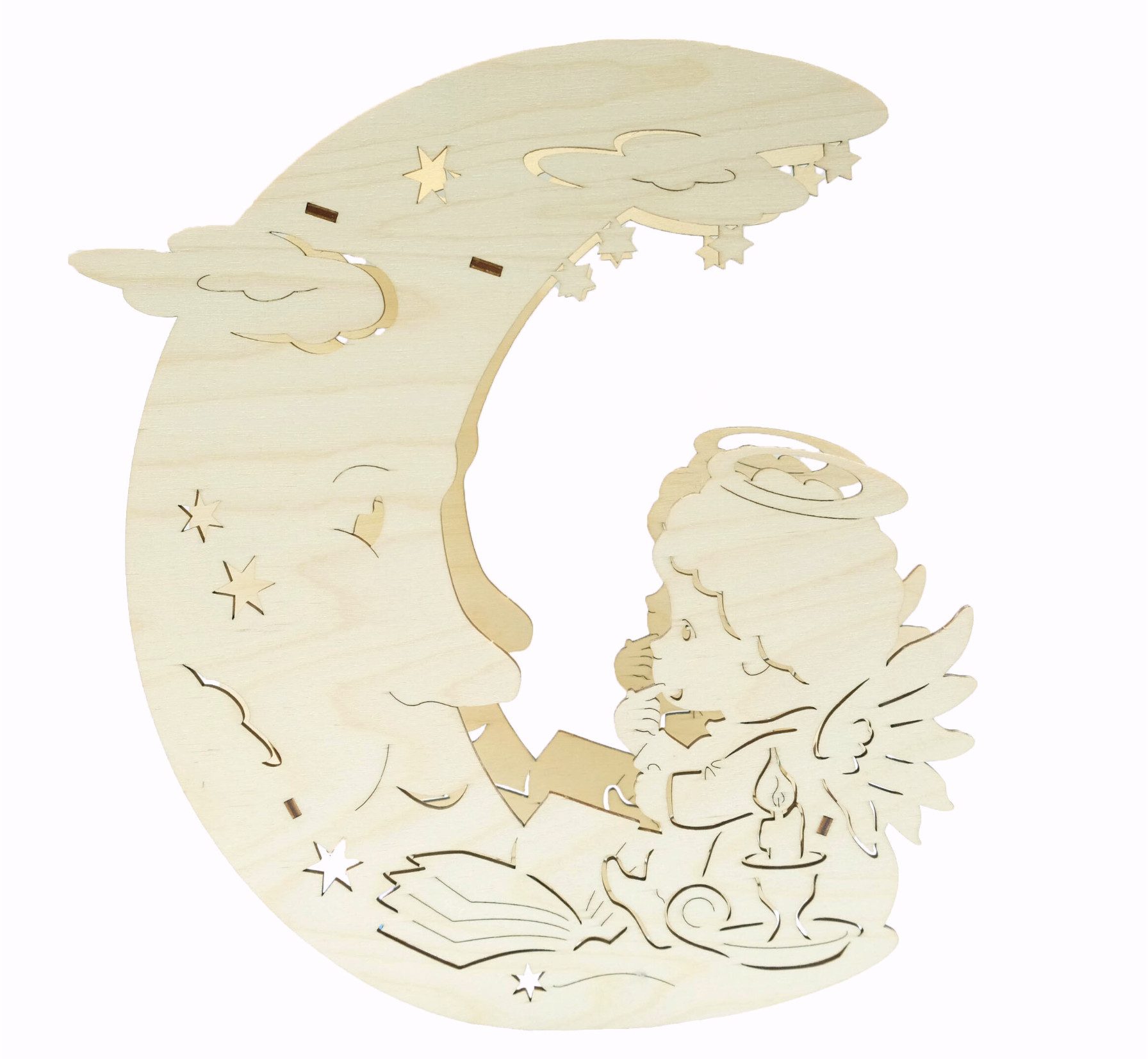 DeColibri Beleuchtetes Fensterbild Fensterbild "Mond und Engelchen" beleuchtet - Holzkunst aus Sachsen, Holzkunst aus Sachsen, beleuchtet