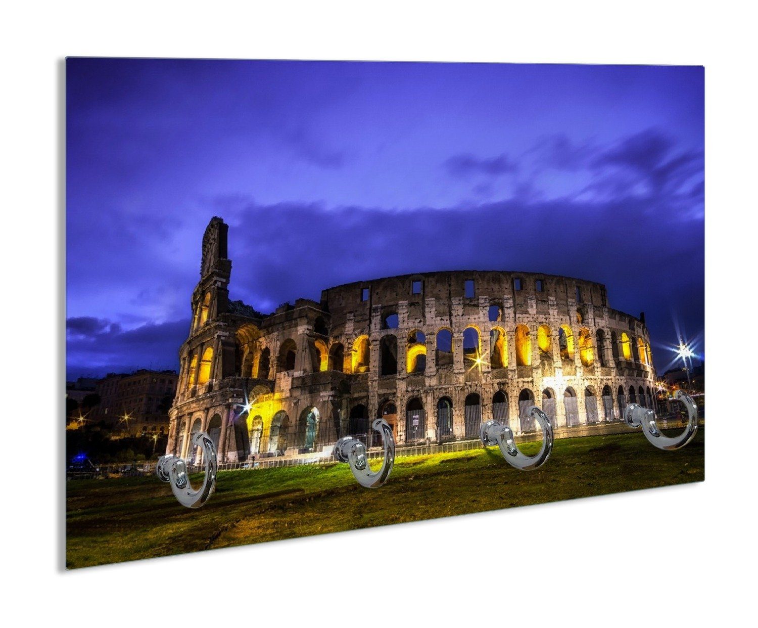 Wallario Handtuchhalter Italien bei Nacht - Kollosseum in Rom, beleuchtet am Abend, aus Glas mit 4 Metallhaken
