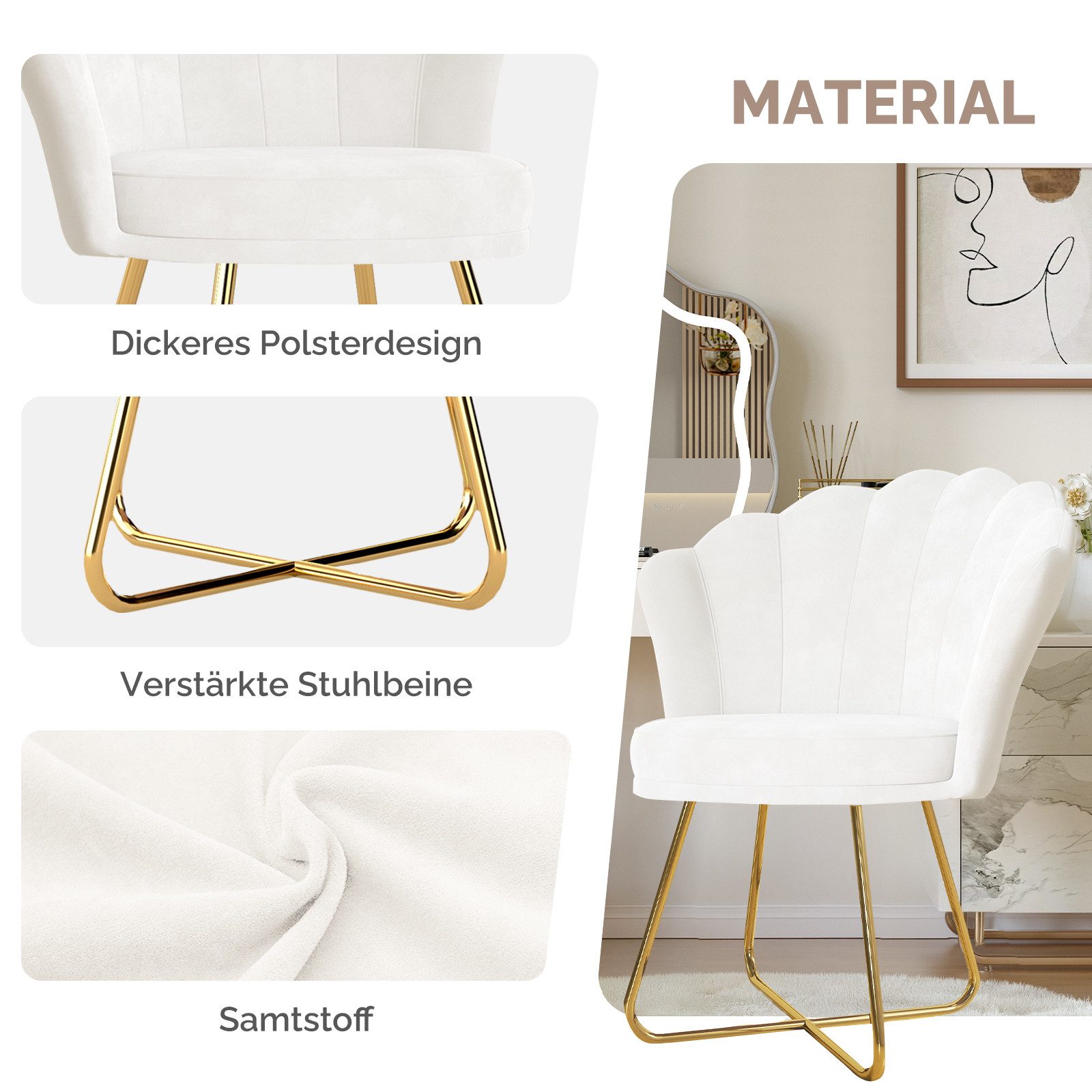 HawthyHome Polsterstuhl Polstersessel mit Blütenblatt-Rückenlehne & Goldene Metallbeine (2 St), ideal für Esszimmer & Schminktisch – Bild 5 von 5