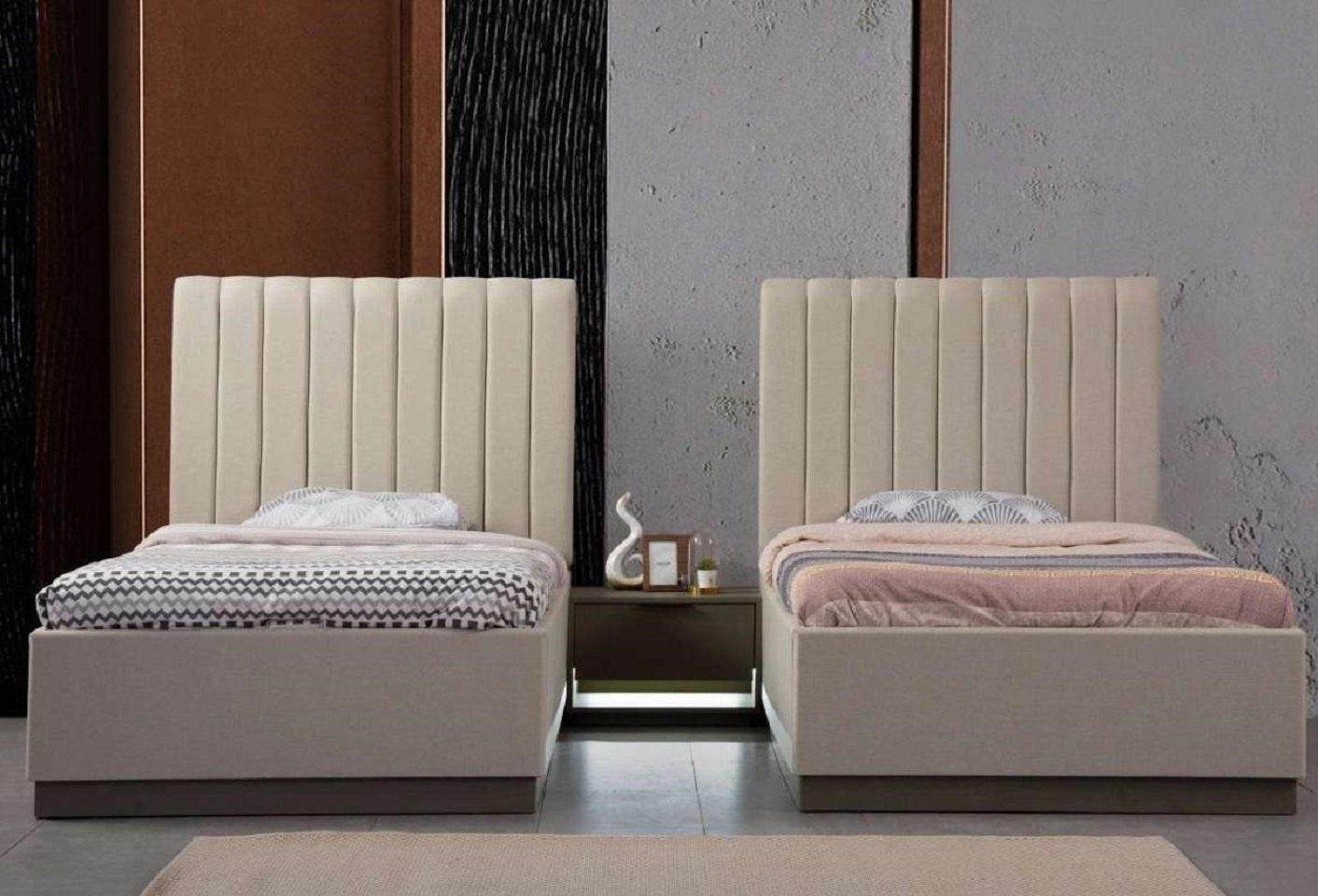 JVmoebel Schlafzimmer-Set Set 2x Betten Nachttisch Betten Textil Doppel Hotel Polster, (3-St., 2x Betten + Nachttisch), Made in Europe