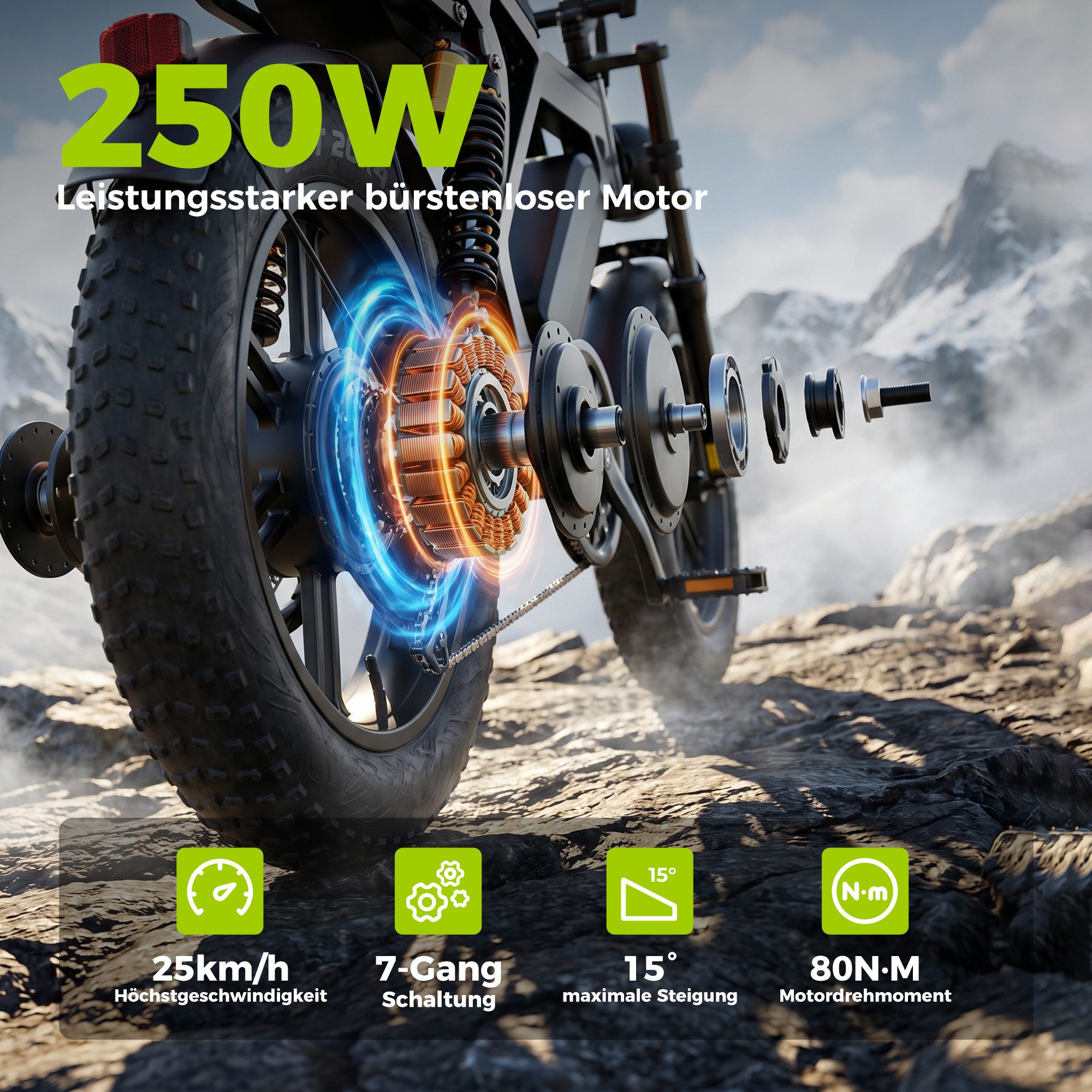 PixelPilot E-Bike Mountainbike E7 Fatbike 20 * 4.0 Zoll, 48 V 15 Ah, 7-Gang, bis 200 kg, 7 Gang, Bürstenloser Hinterrad-Nabenmotor, 499,2 Wh