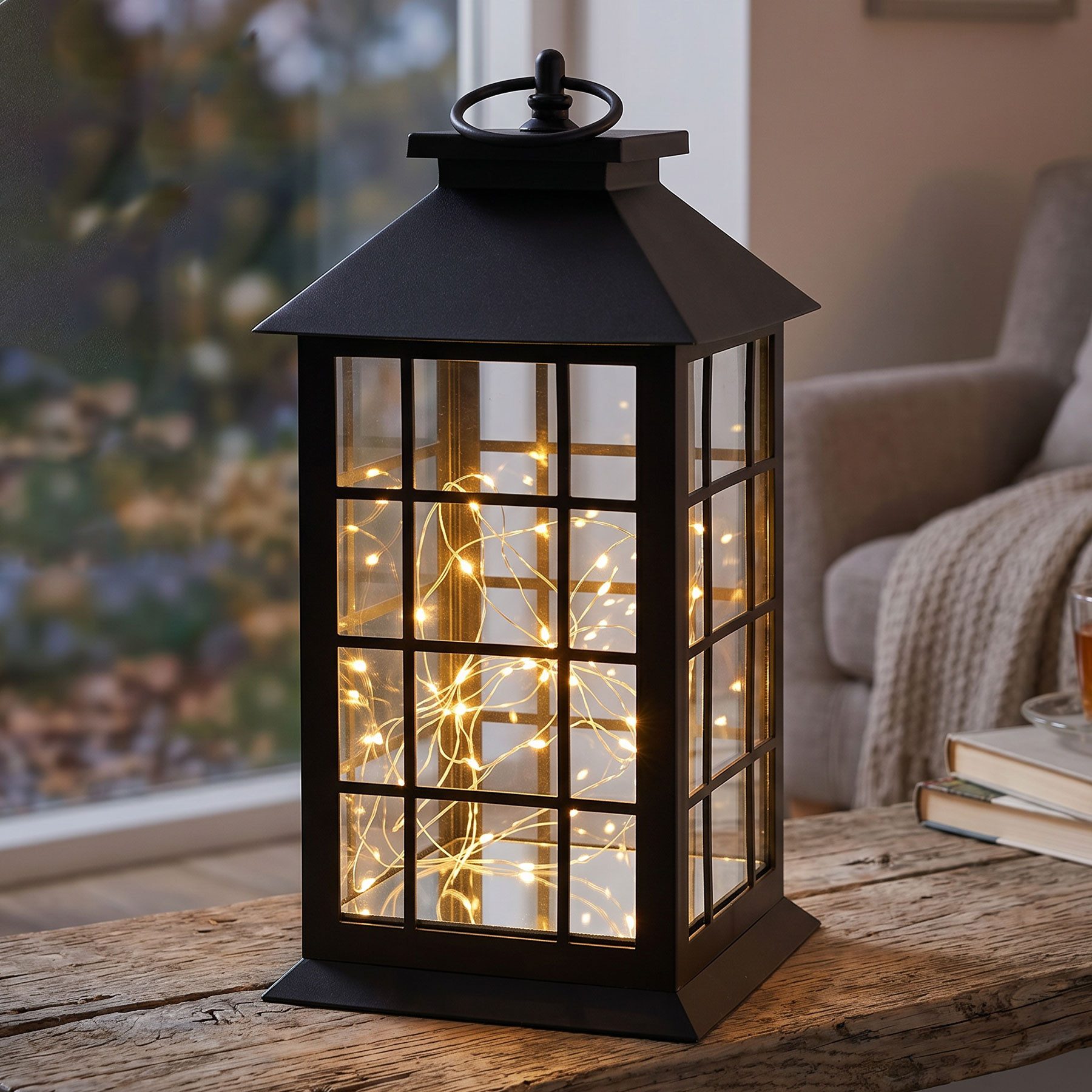 Levandeo® LED Laterne LED Laterne Schwarz H30cm Lichterkette Warmweiß Timer Wohndeko Lampe K, Ein-/Ausschalter, Timerfunktion (6h/18h), LED Lichterkette, warmweiß